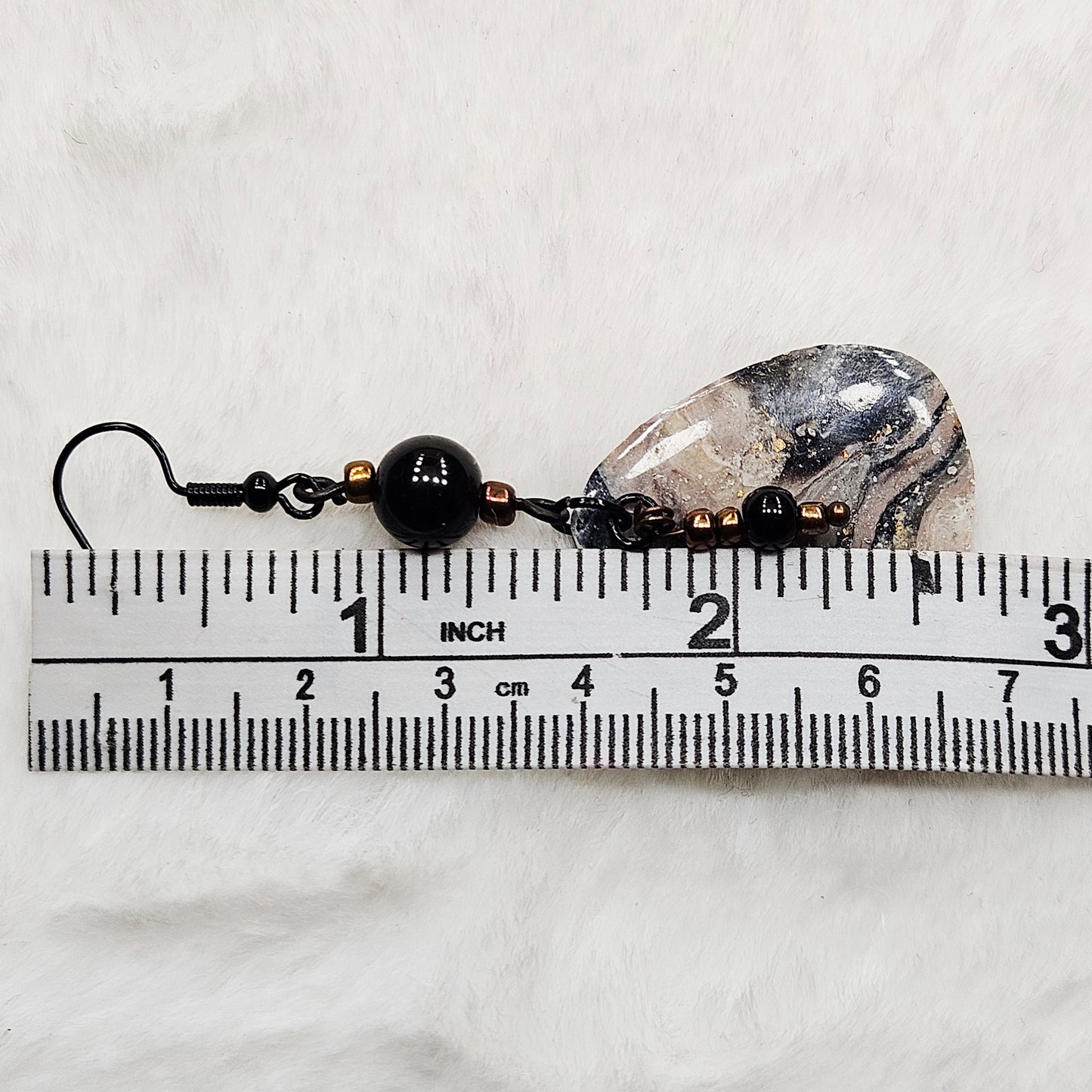 Black and Brown Gold Flake Marble Polymer Clay Earrings with Black Bead Dangles
