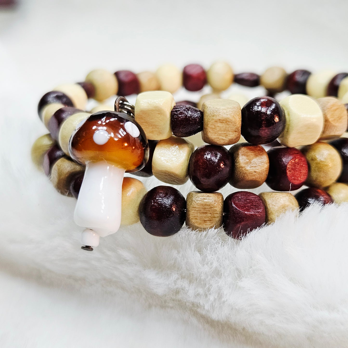 Mushroom Trail Wooden Beaded Wrap Bracelet with Brown Mushroom Charm