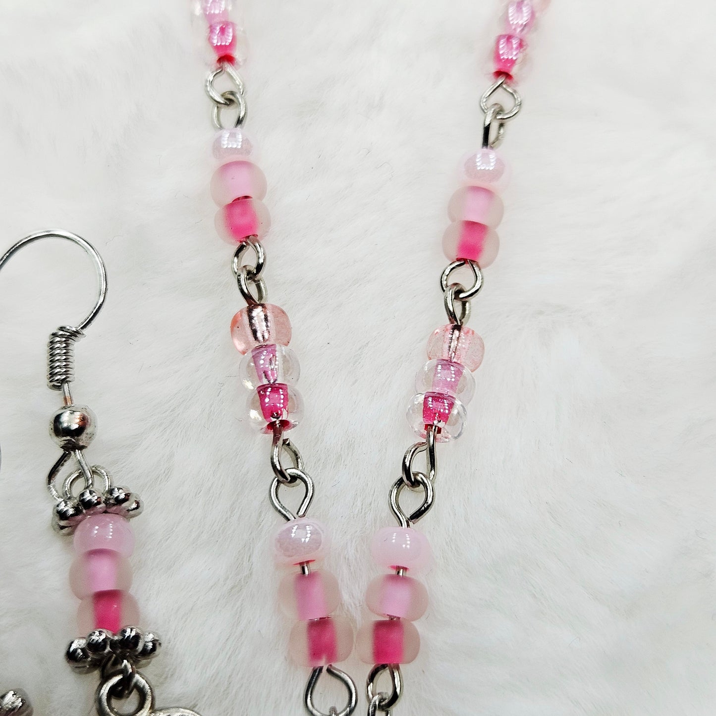 Dainty Pink Polkadot Heart Pendant Necklace and Earrings with Various Pink Glass Seed Beads