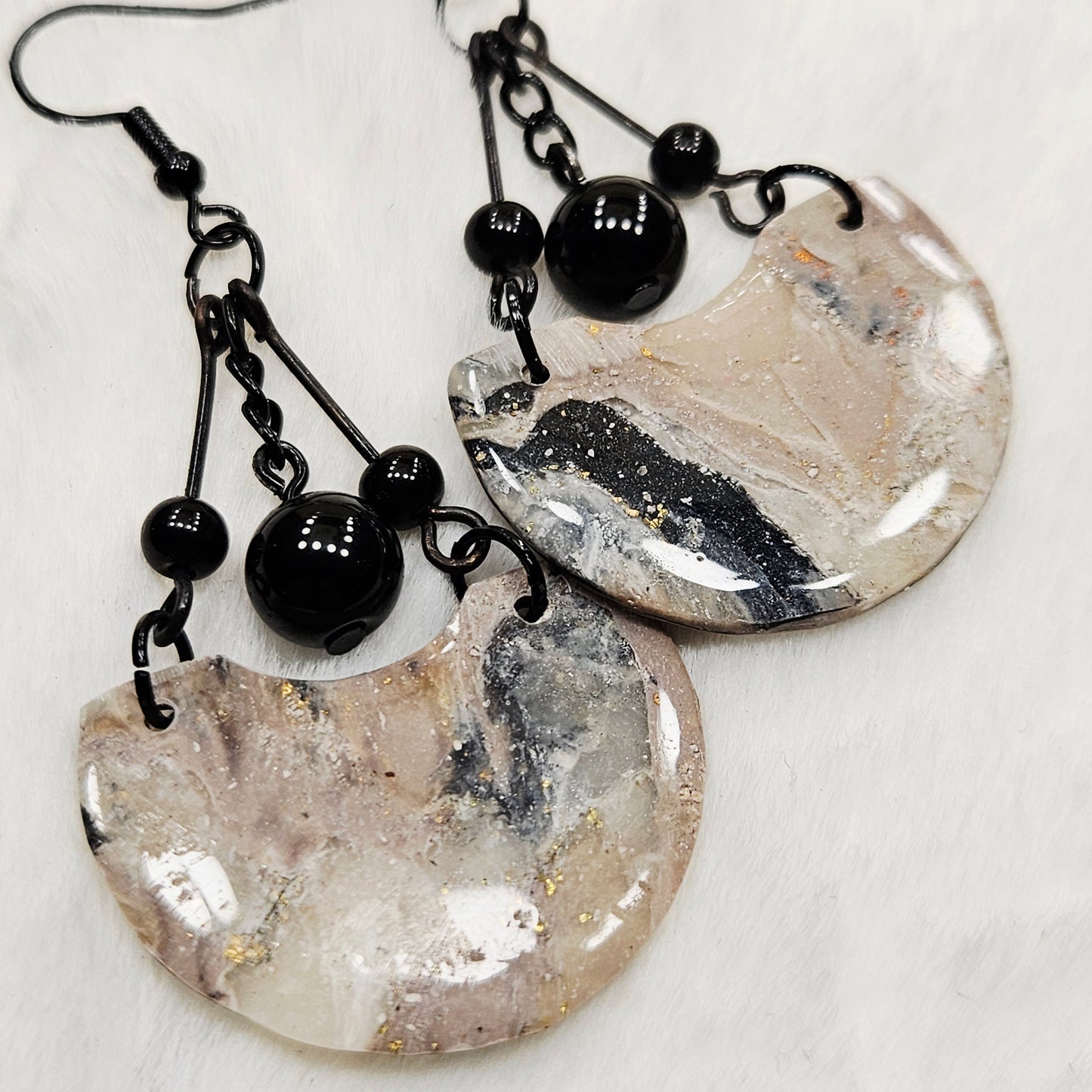 Black and Brown Gold Flake Marble Cut Crescent Polymer Clay Earrings with Black Chain