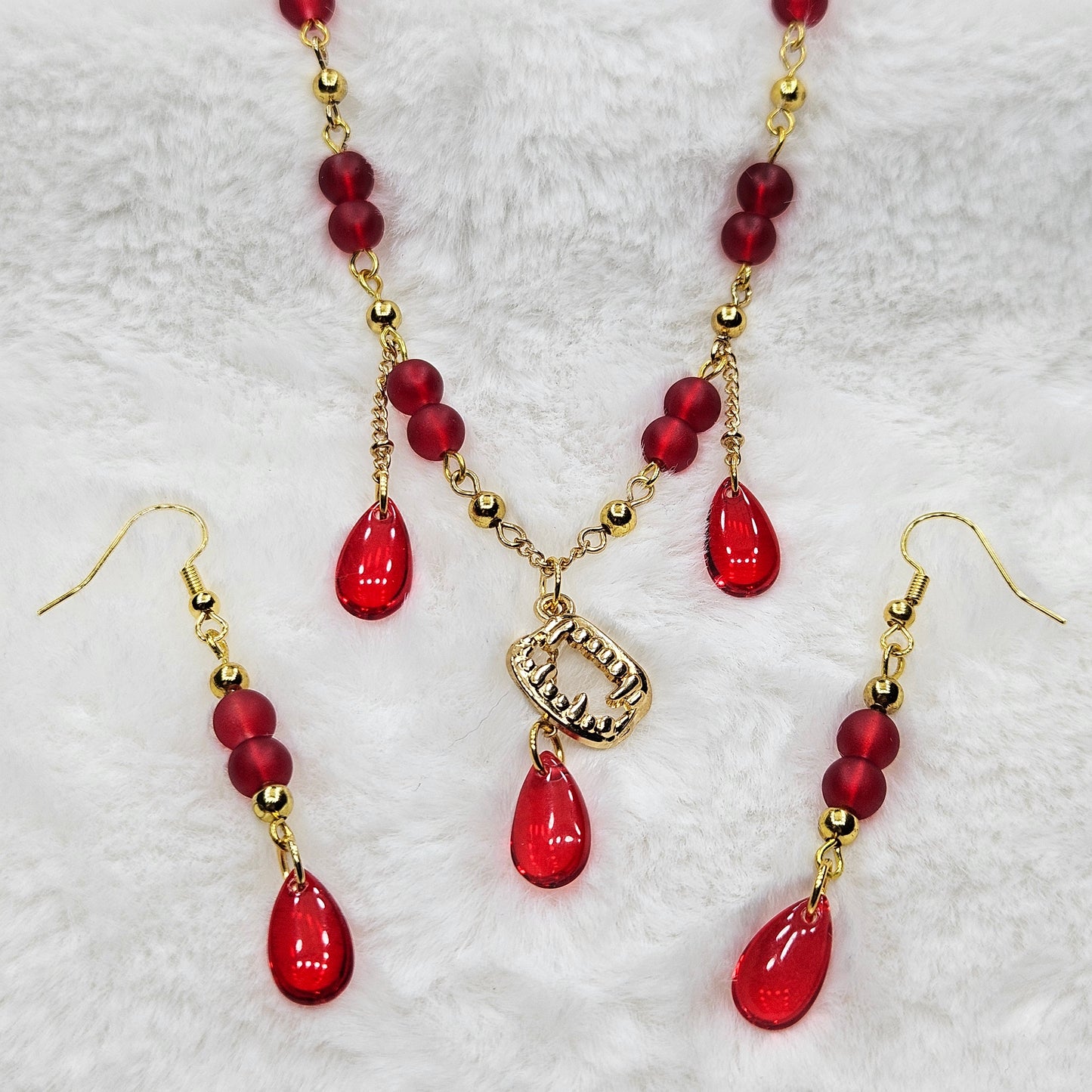 Taste for Blood Vampire Fang Necklace and Earrings with Red Glass Blood Drops Set in Gold
