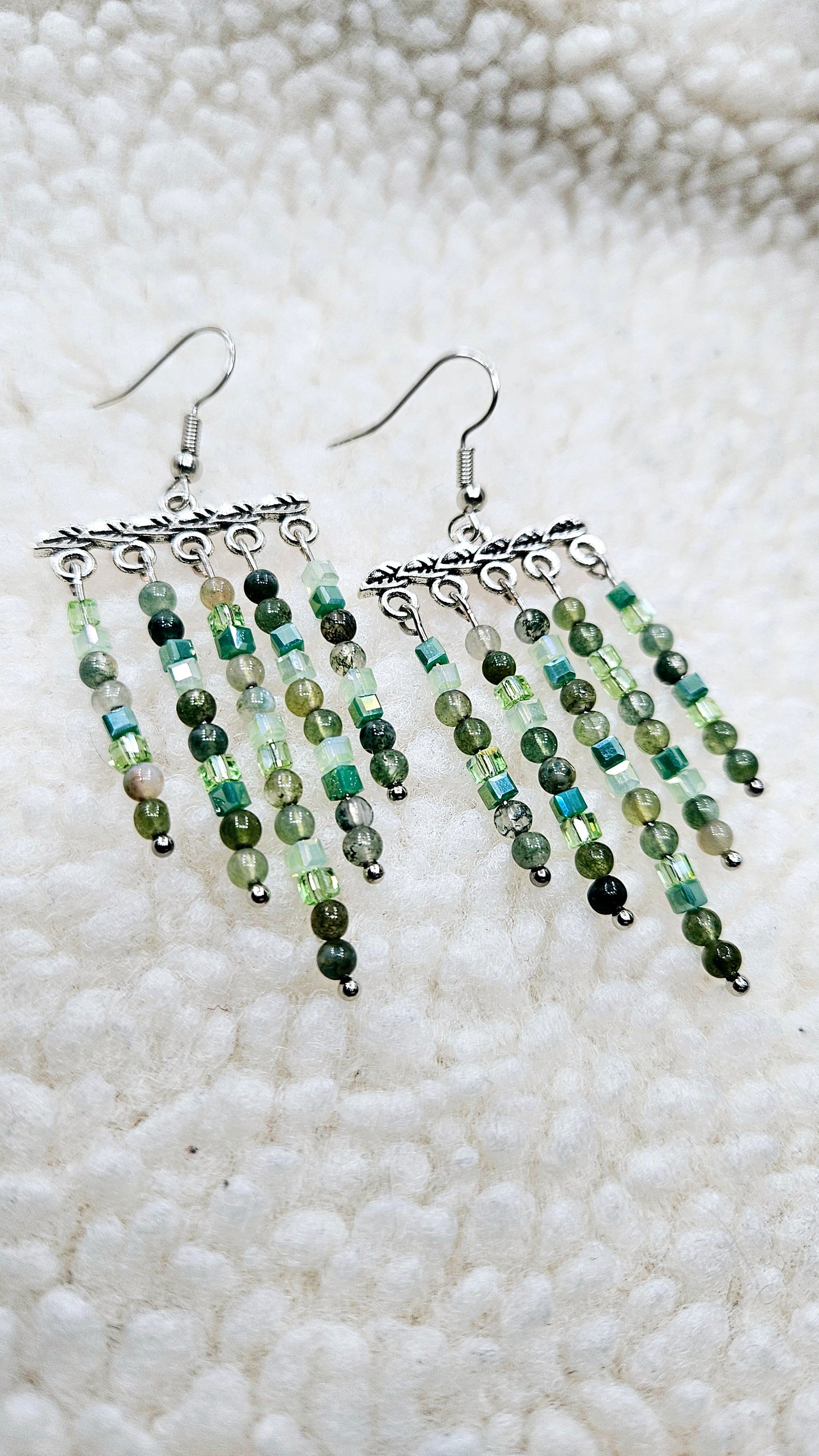 Glorious Greens Set - Silver Leaf Beaded Tassel Earrings & Matching Bracelet