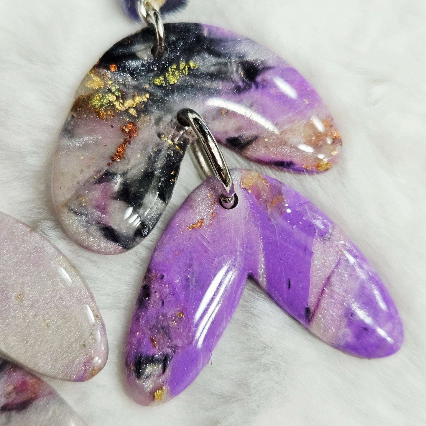Purple Polymer Clay Marble Dangle Earrings with Purple Cylinder Glass in Silver
