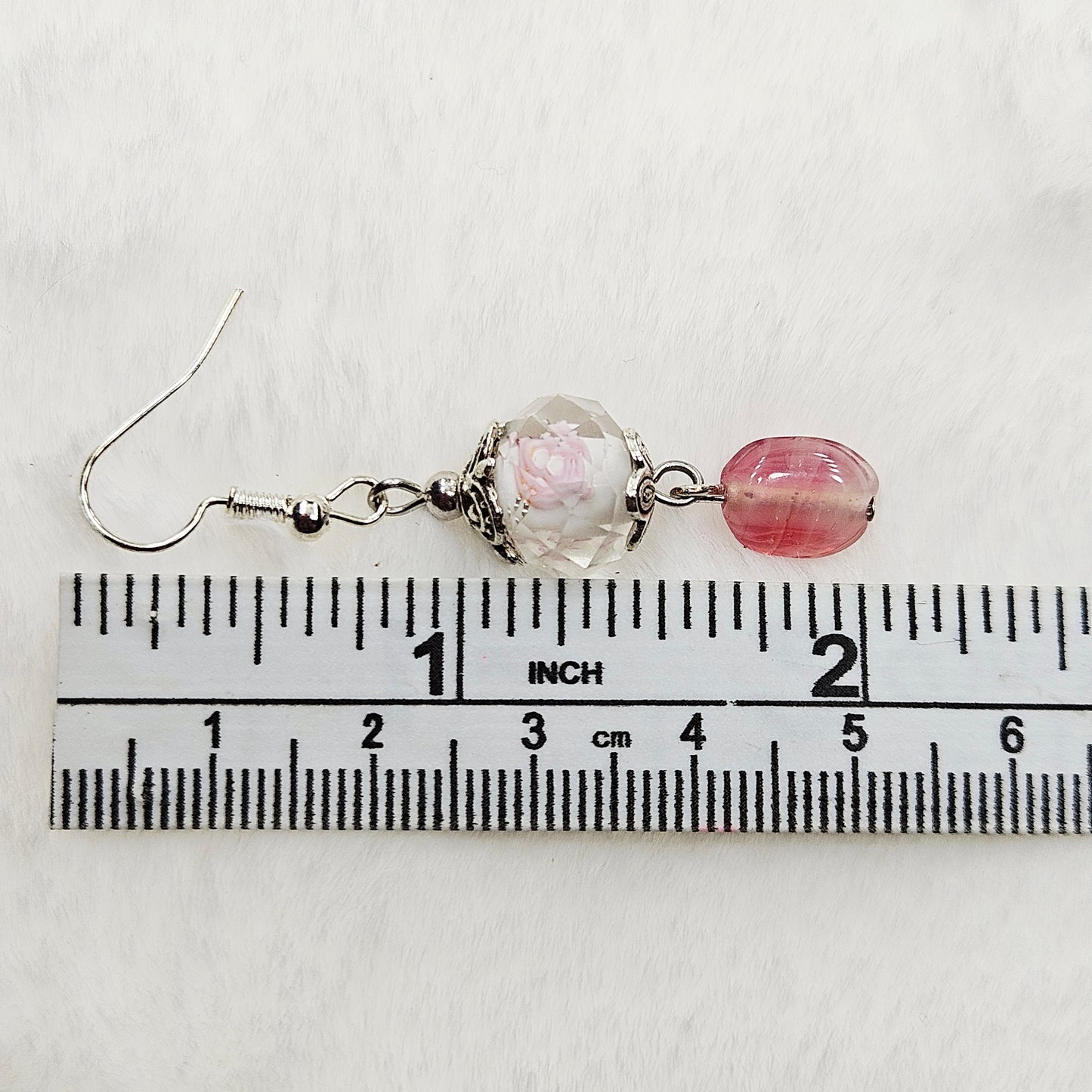 Hidden Flower Crystal Dangle Earrings with Pink Swirl Glass and Silver Flower Caps - 2"