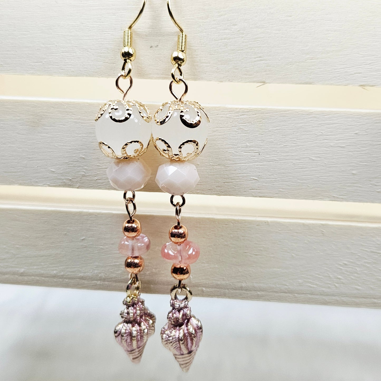 Gold and Rose Gold Conch Shell Earrings with Pink Stones