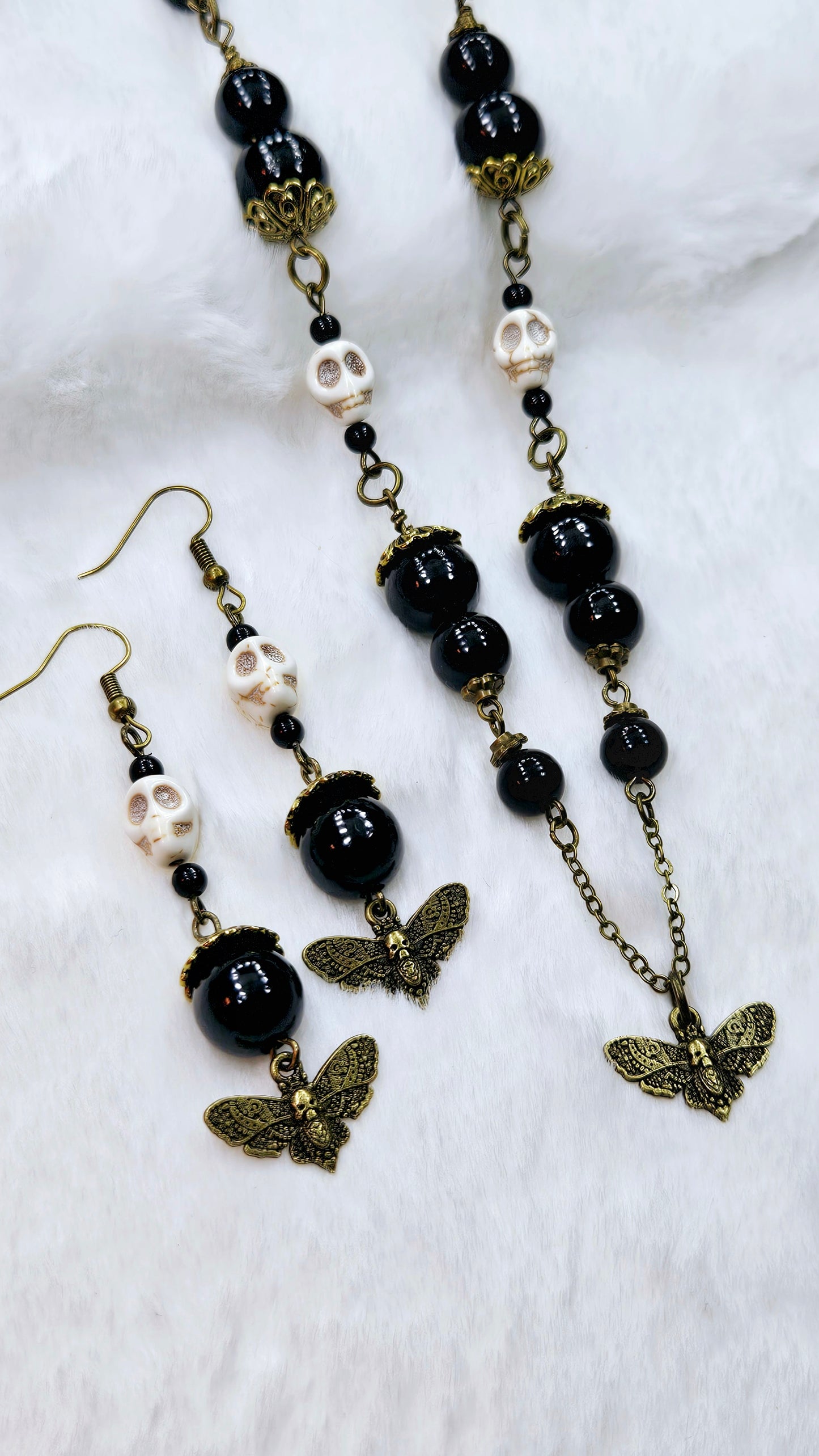 Macabre Moth & Skull Set: Brass Death Moth Pendant Necklace with Howlite Skulls & Matching Earrings