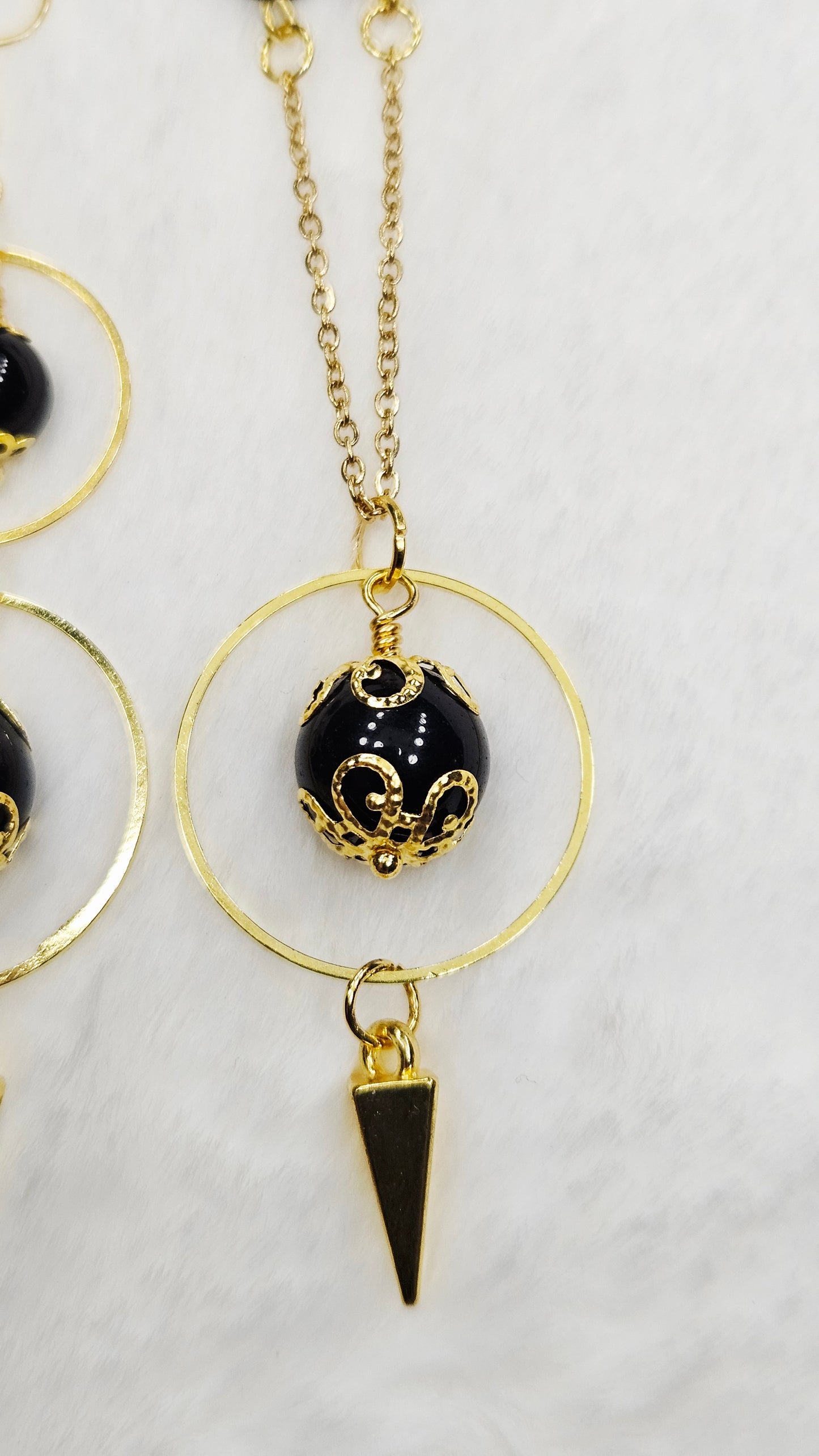 Soft & Sharp Set - Gold Hoops with Spikes and Gold Filigree Capped Black Glass Necklace and Earrings