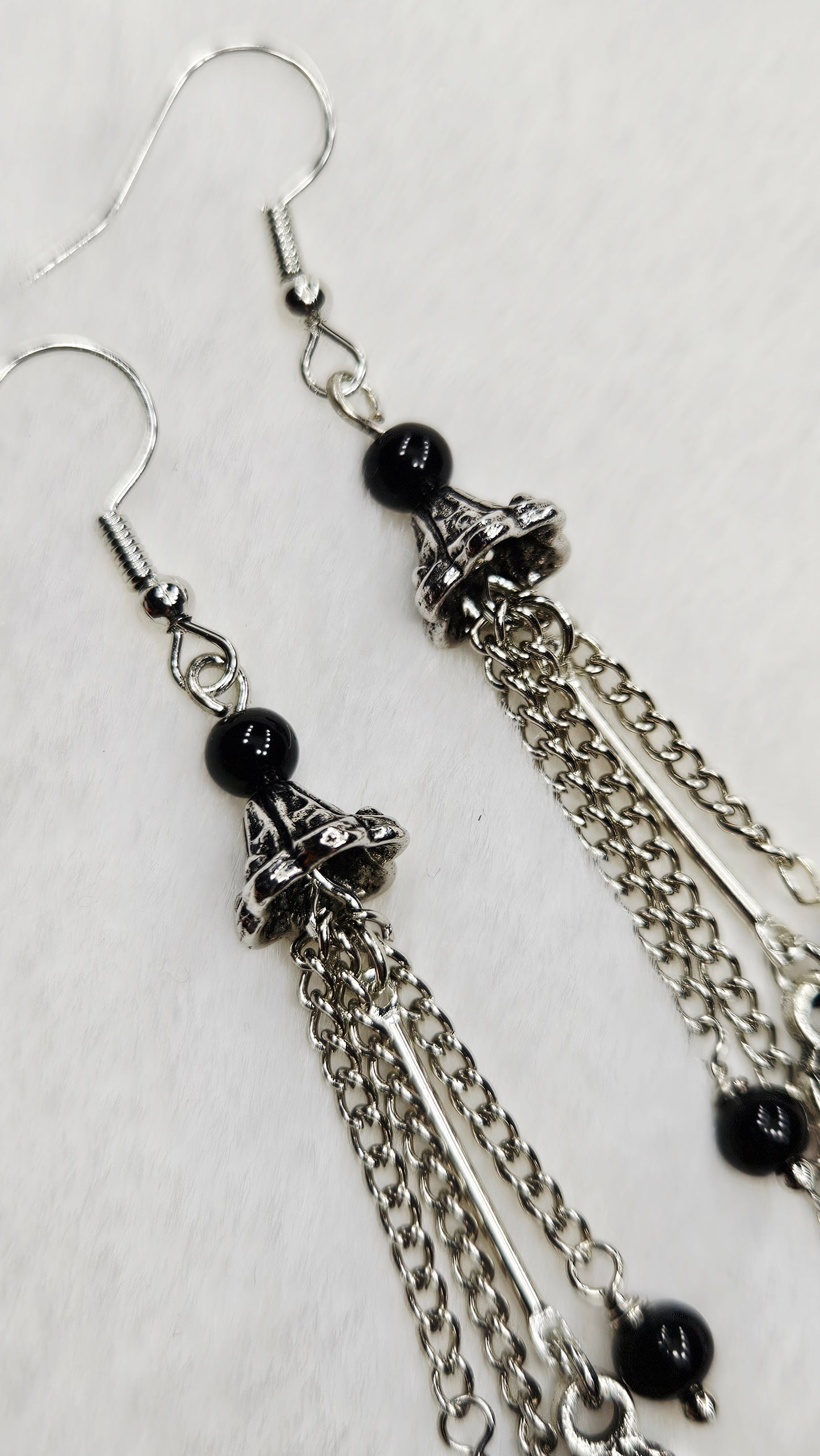 Roosting Bats Drop Dangles with Silver Chain and Black Glass Earrings