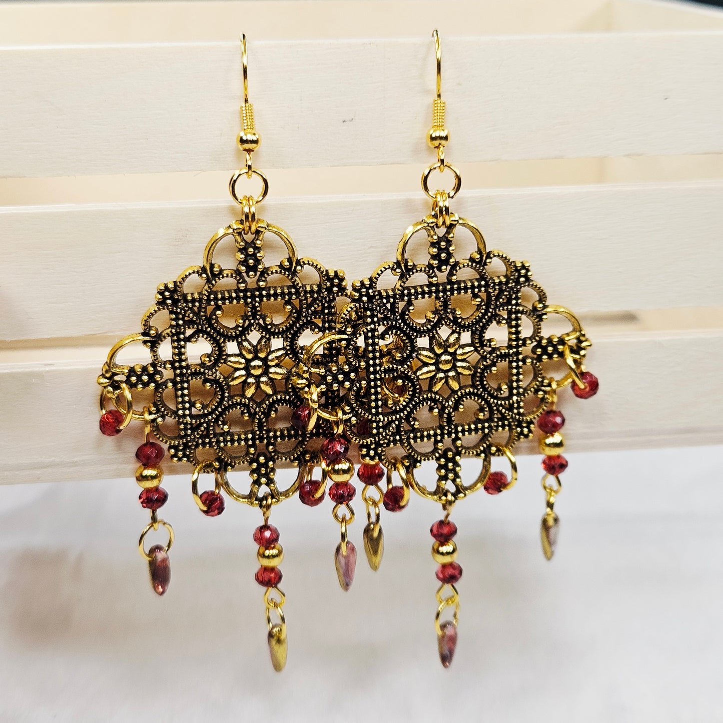 Square Antique Gold Tibetan Filigree Rhombus Chandelier Earrings with Red Dangles
