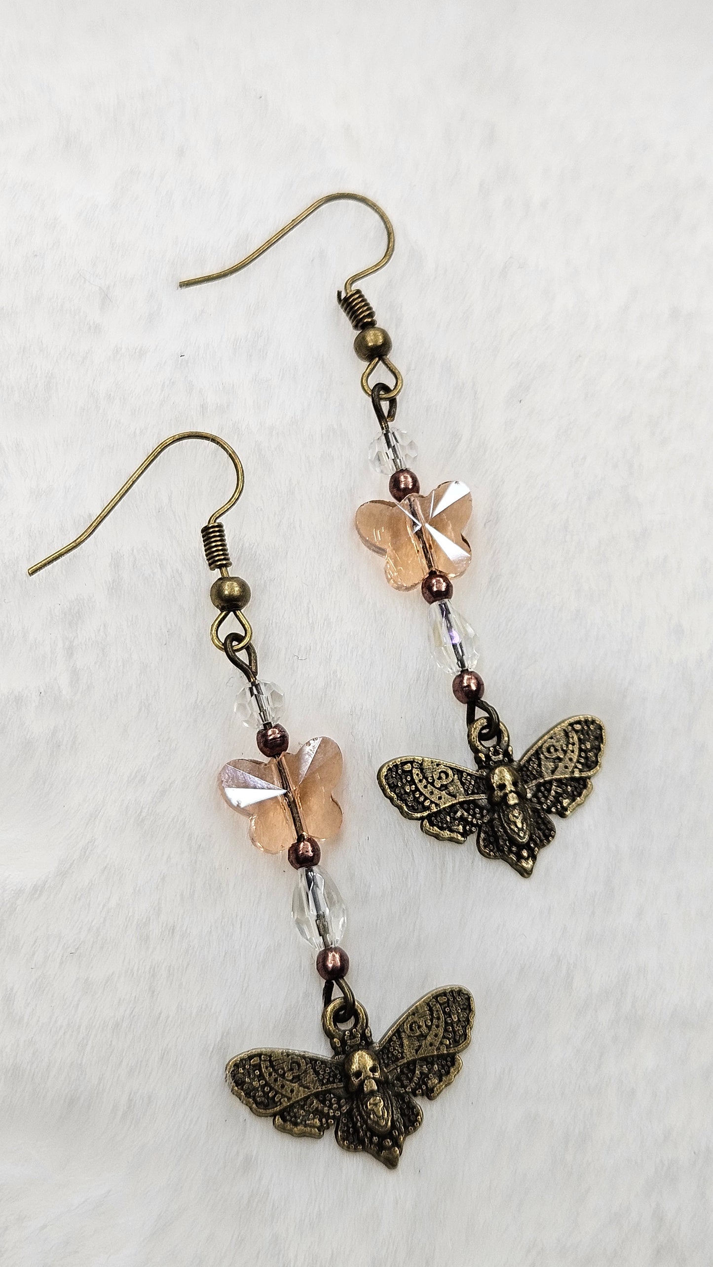 Peach Crystal Butterflies and Brass Dead Head Moth Dangle Earrings