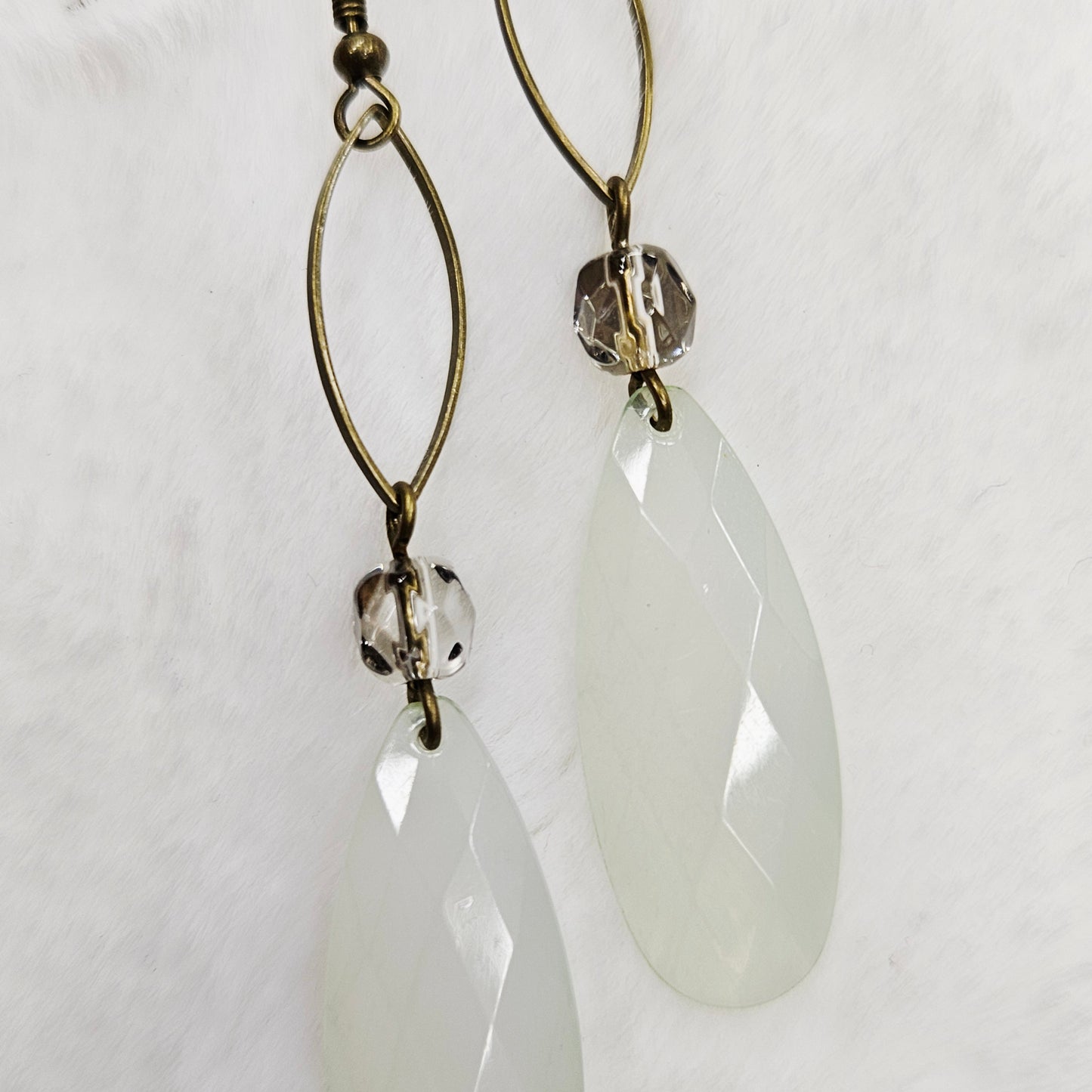 Long Antiqued Brass and Smokey Crystal Earrings with Ivory Gem Cut Teardrop Dangles