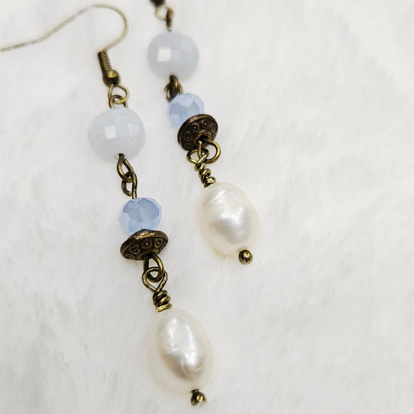 Antiqued Brass Baby Blue Natural Gem Cut Stone and Crystal Earrings with Freshwater Pearl Dangles