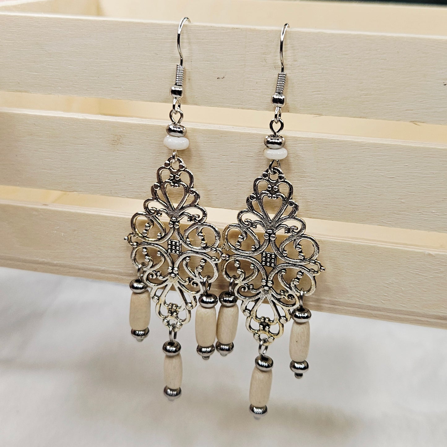 Diamond Antique Silver Tibetan Filigree Rhombus Chandelier Earrings with White Dangles