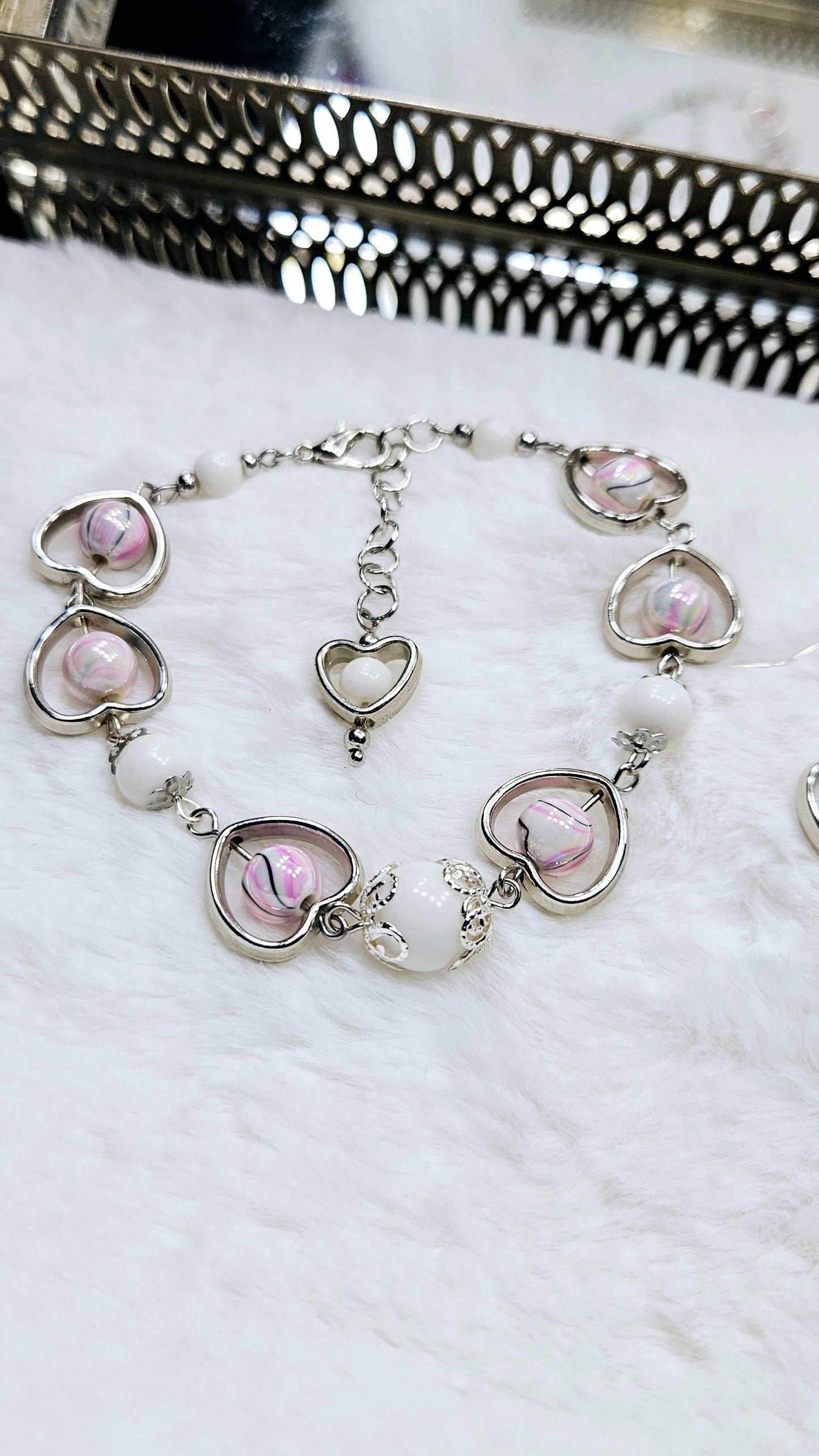 Pink Marble & Silver Heart Frame Bracelet