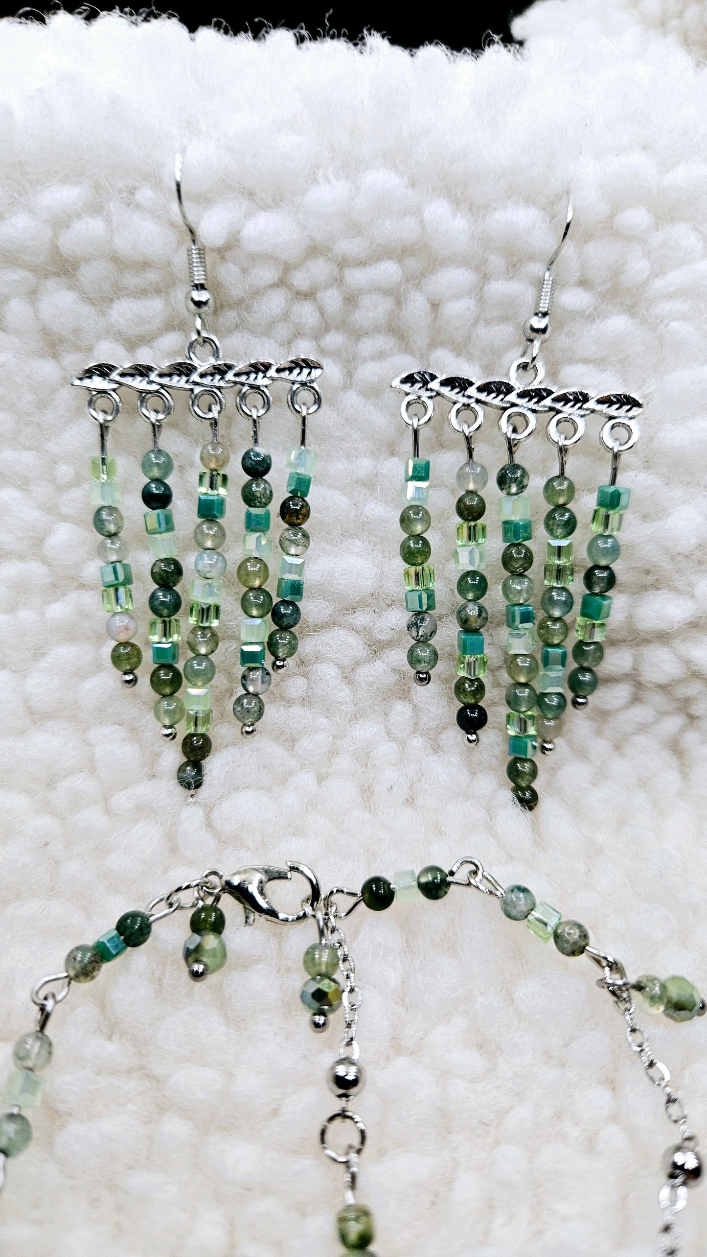 Glorious Greens Set - Silver Leaf Beaded Tassel Earrings & Matching Bracelet