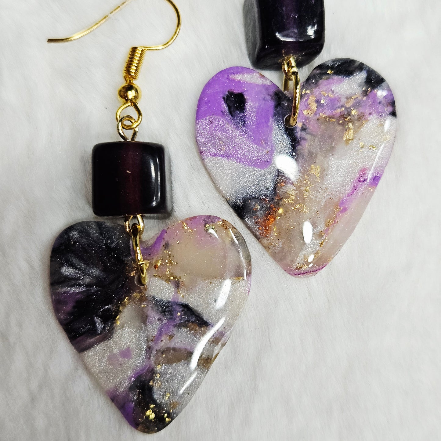 Purple Polymer Clay Marble Heart Dangle Earrings with Dark Purple Cubes in Gold