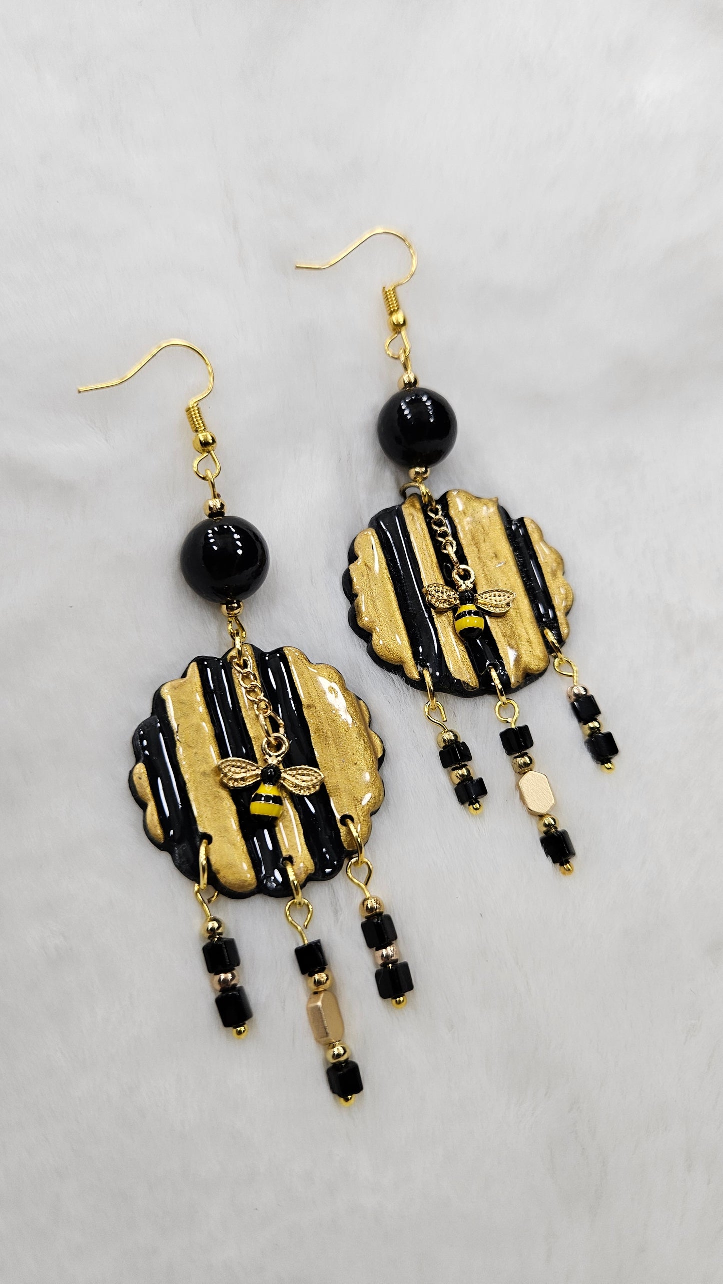 Bumble Bee Rumble Black & Gold Clay Dangle Earrings - 2.5"