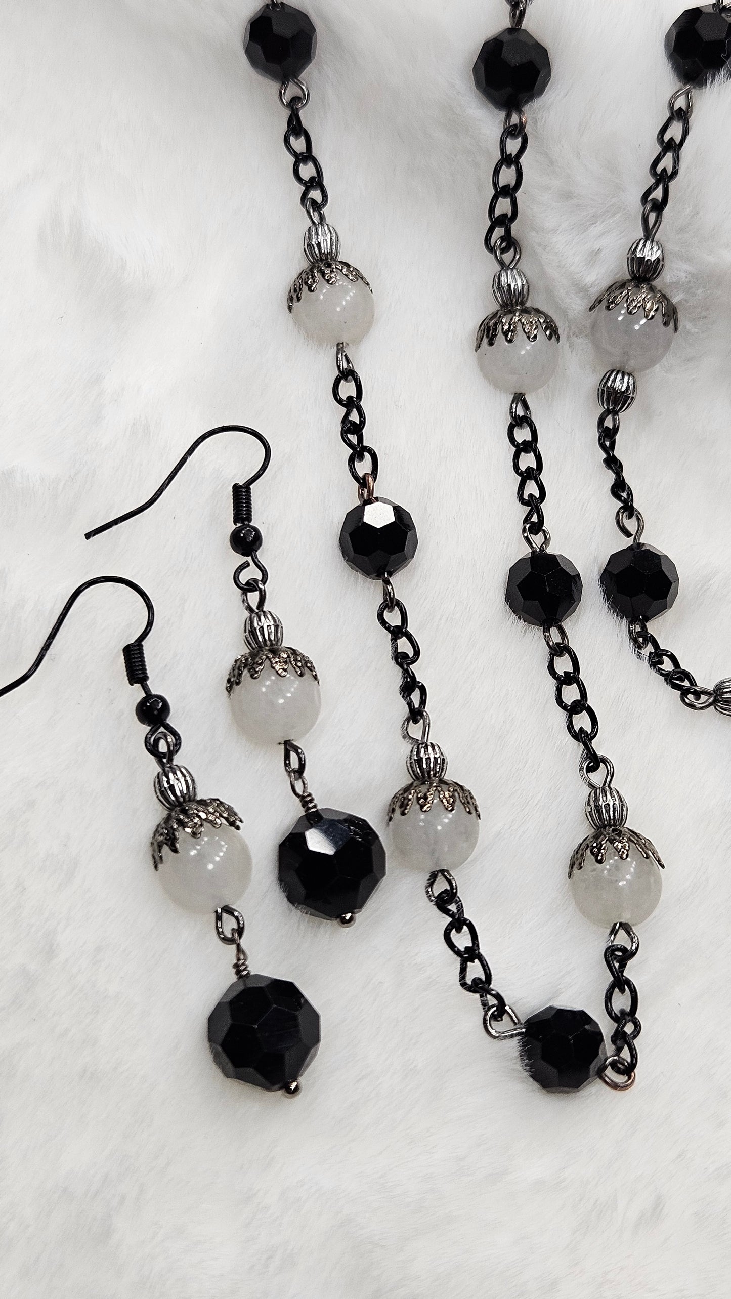 Modern Vintage Black Chain Necklace, Earrings and Bracelet with White Jade and Black Crystals