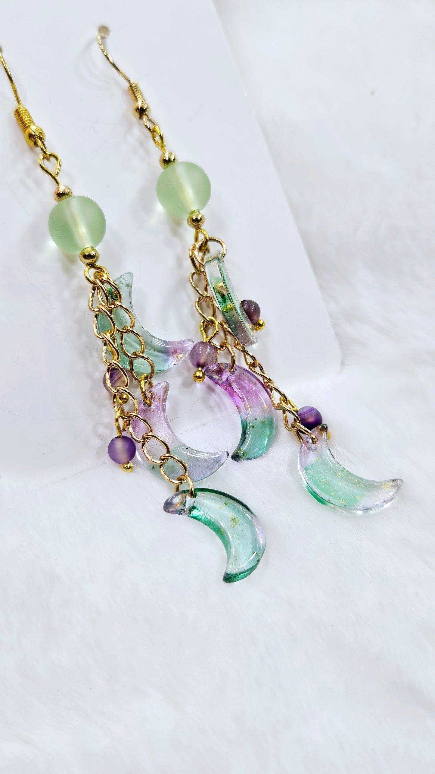 Mystical Moons Jade Green & Purple with Gold Fleck on Gold Chain Cluster Dangle Earrings