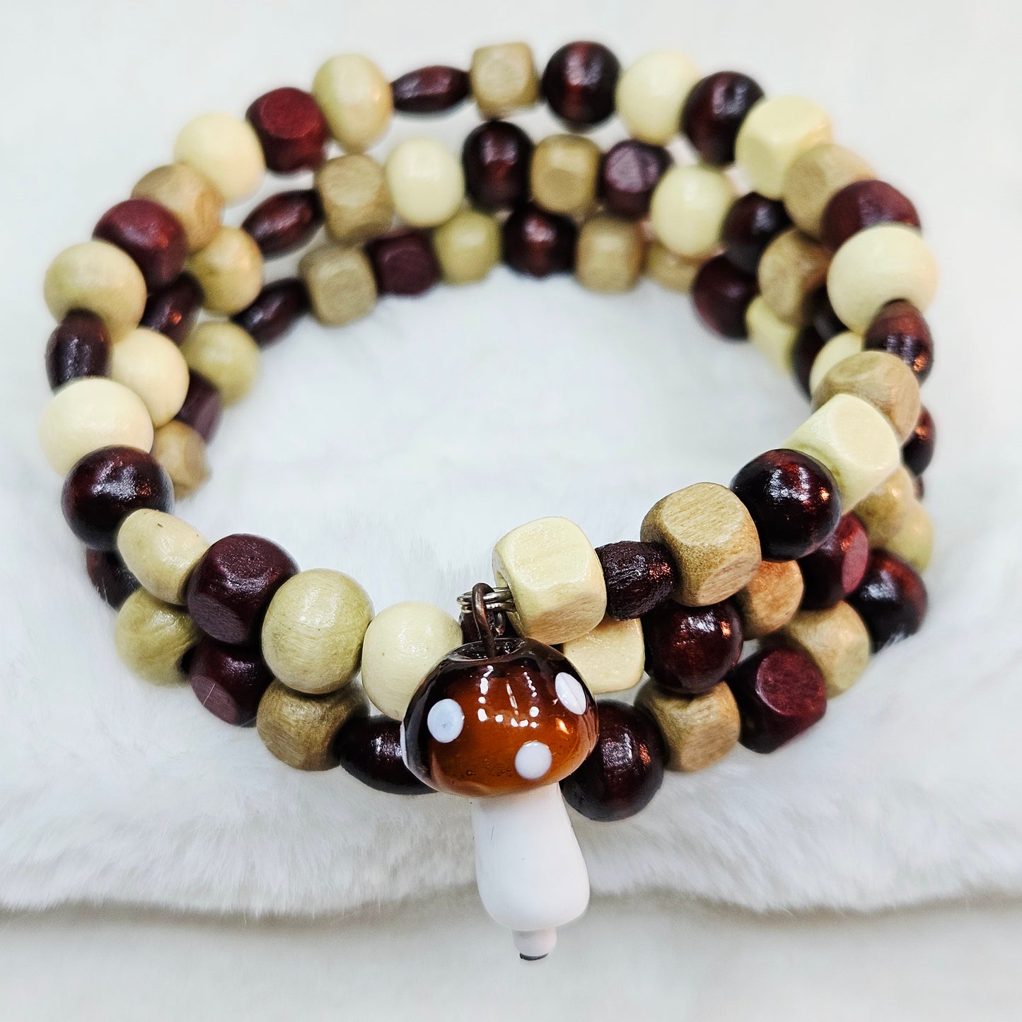 Mushroom Trail Wooden Beaded Wrap Bracelet with Brown Mushroom Charm
