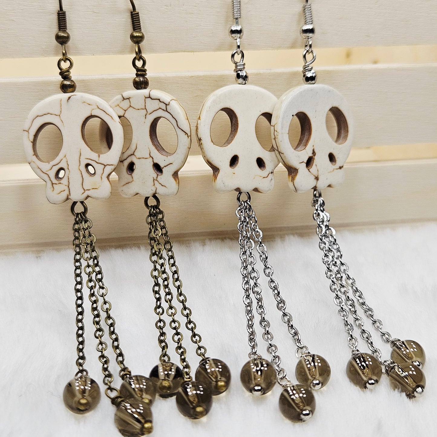 Long Howlite Skull and Chain Earrings with Smokey Brown Glass Dangles in Brass or Silver