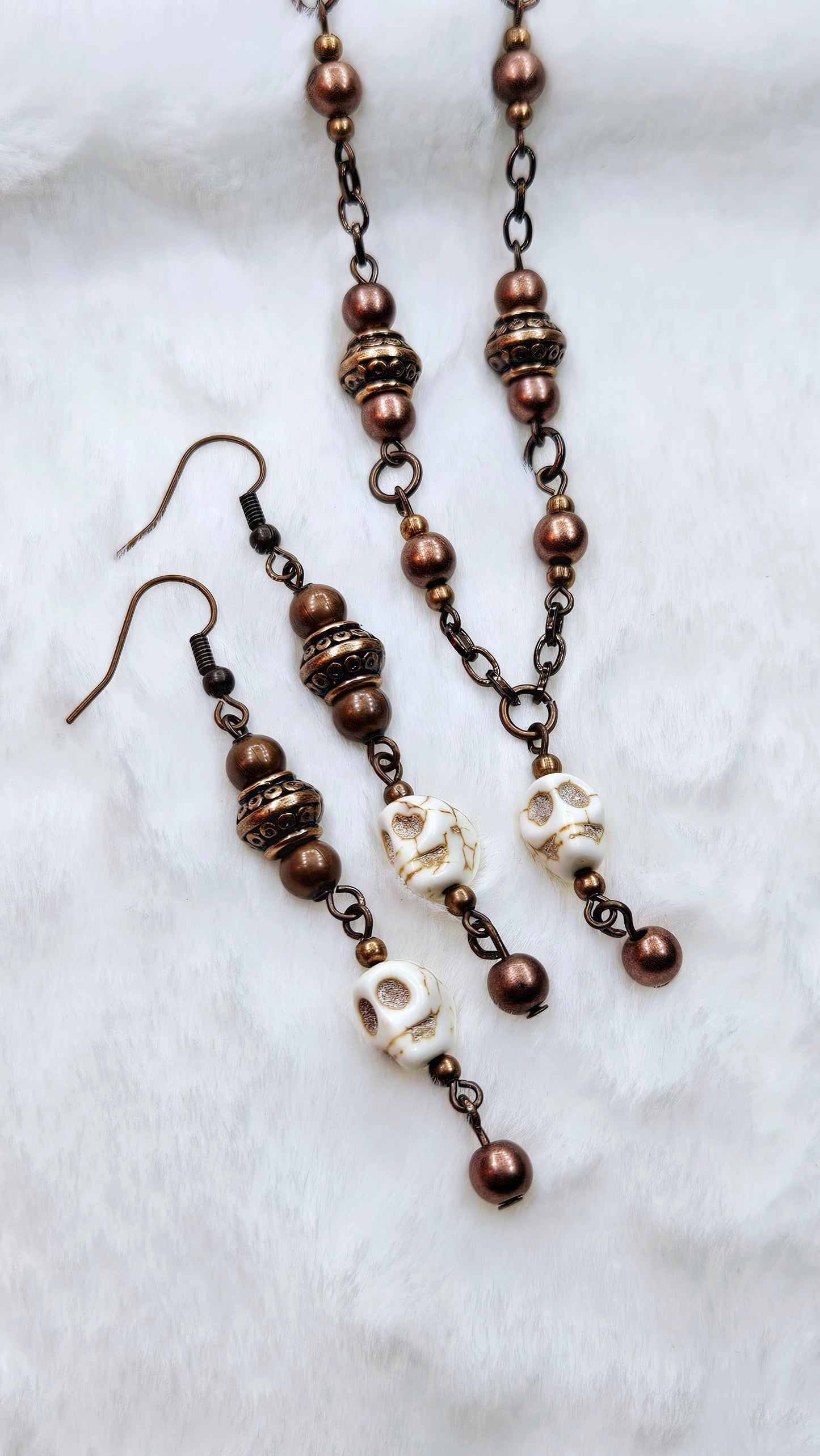 Skulls & Black Copper Set: Howlite Skull Pendant Necklace on Black Copper with Matching Earrings