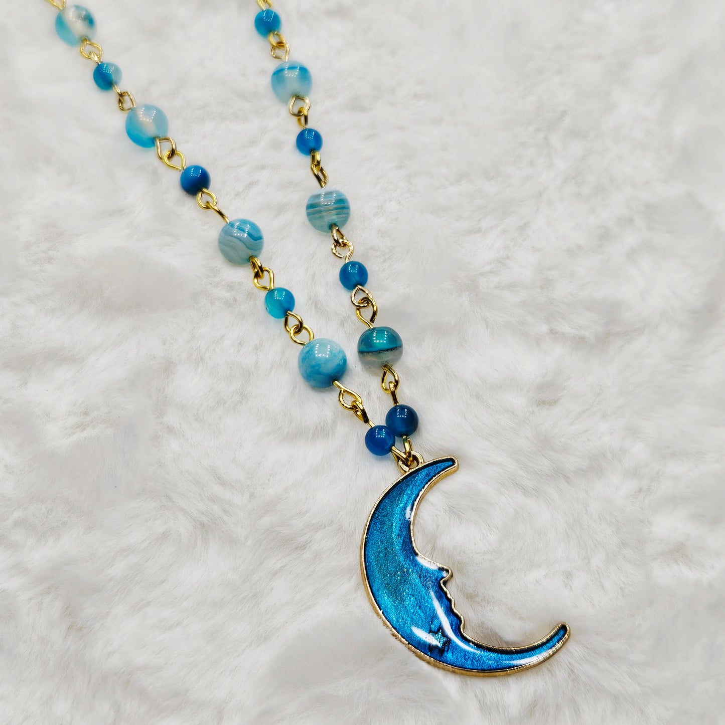 Blue Moon Pendant Necklace with Blue Agate Beaded Chain in Gold