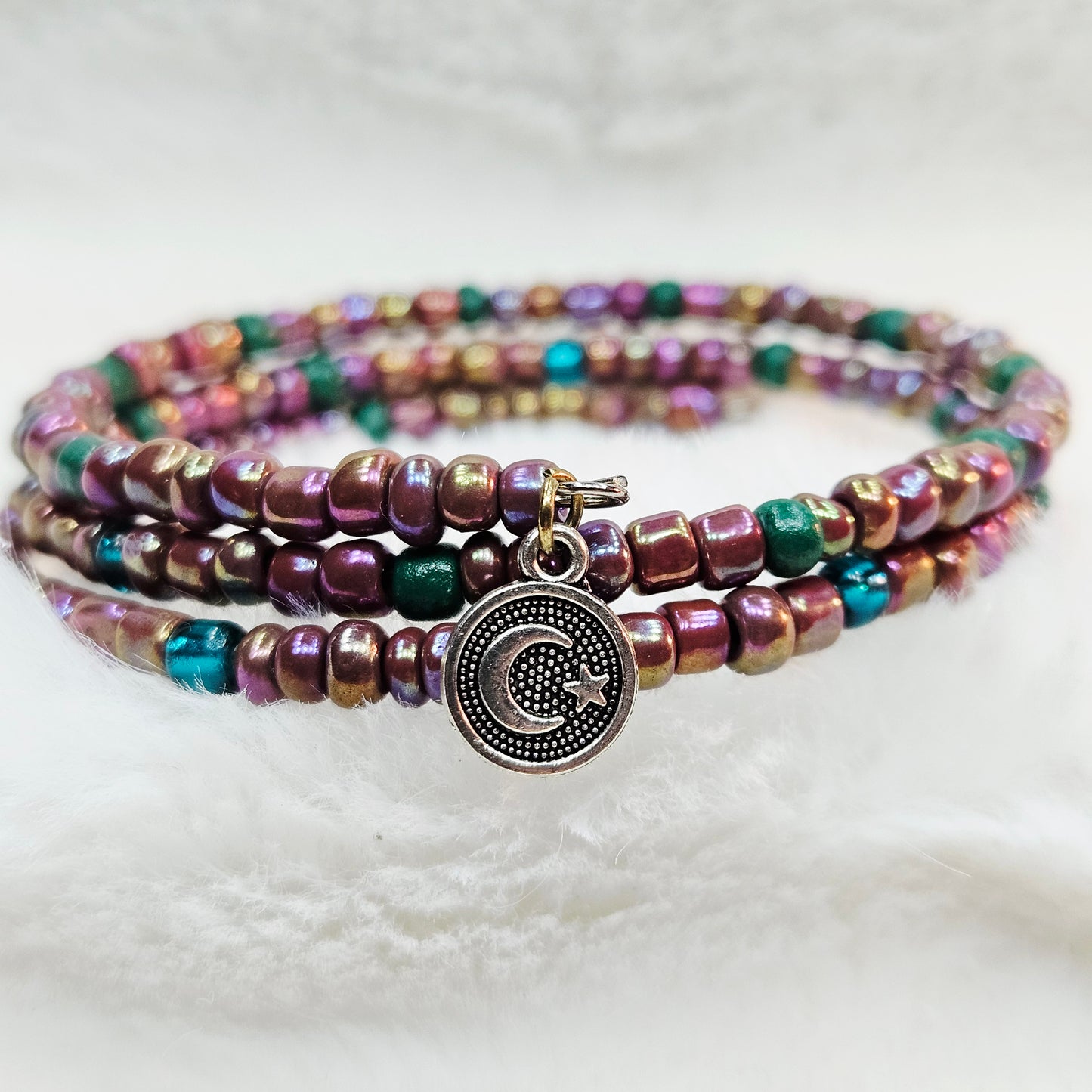Cosmic Rainbow Seed Bead Wrap Bracelet with Moon and Star Charm
