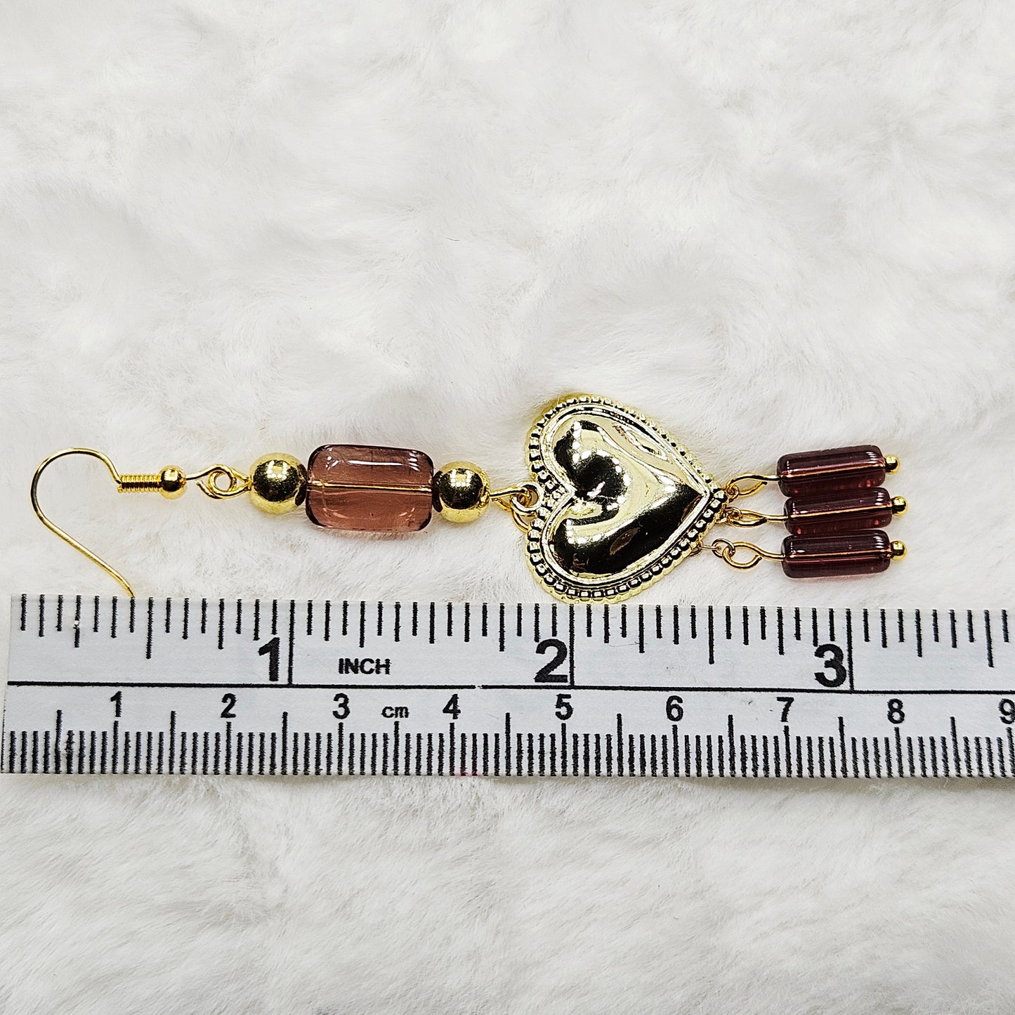 Golden Heart Charm Earrings with Dark Mauve Glass Dangles on Gold Chain - 3¼"