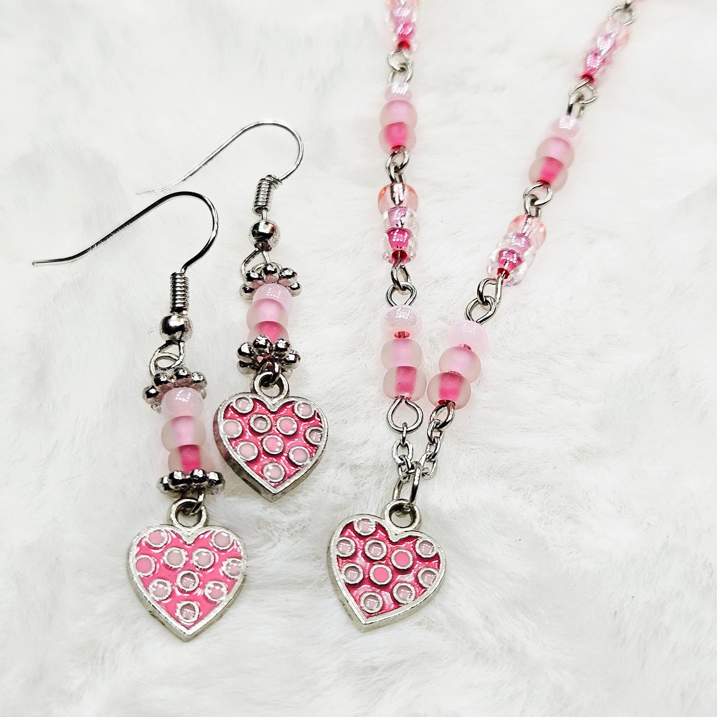 Dainty Pink Polkadot Heart Pendant Necklace and Earrings with Various Pink Glass Seed Beads