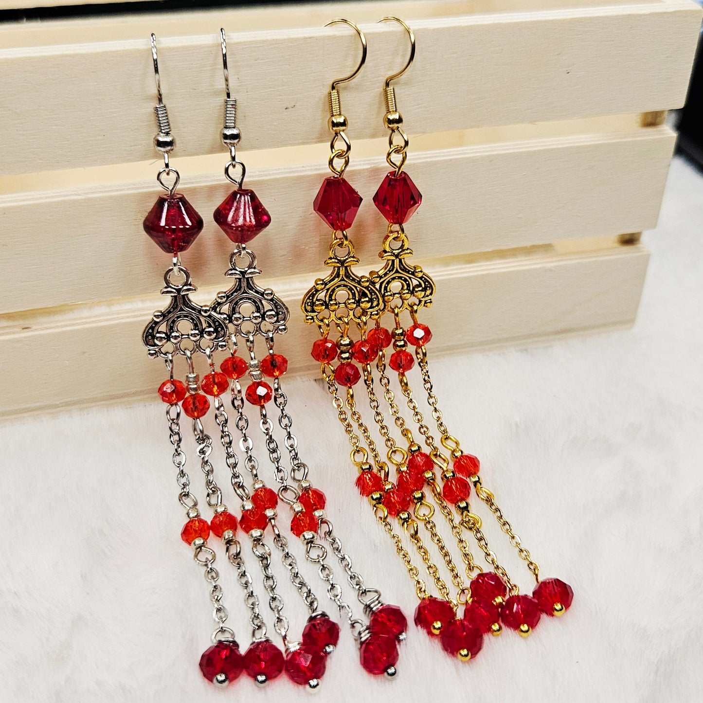 Long Red Crystal Micro Chandelier Earrings in Silver or Gold