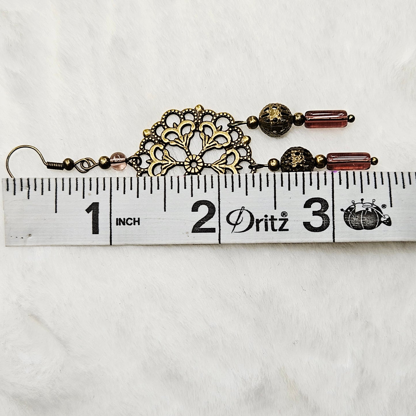 Round Antique Brass Tibetan Filigree Rhombus Chandelier Earrings with Smokey Purple Dangles
