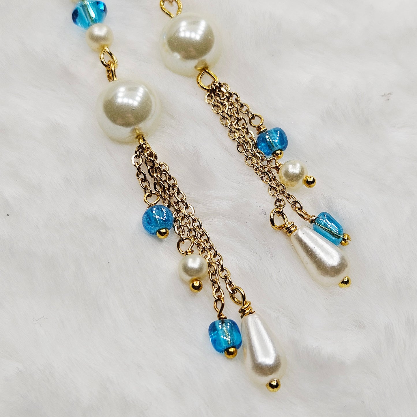 Long Light Blue and Pearl Gold Chain Dangles