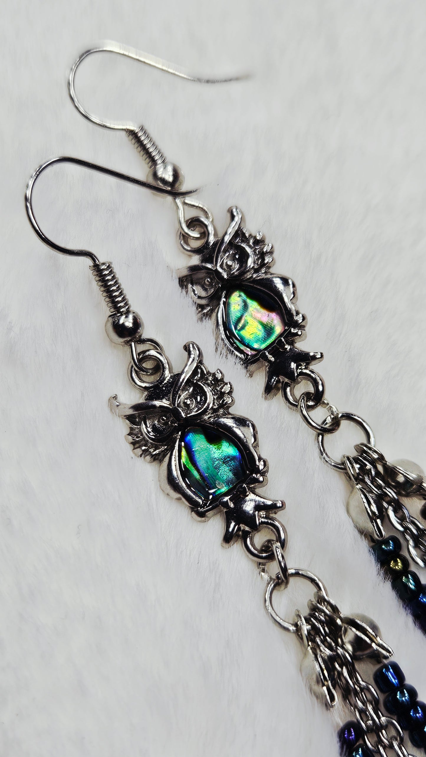 Abalone Owls with Various Seed Bead and Chain Tassel Dangle Earrings