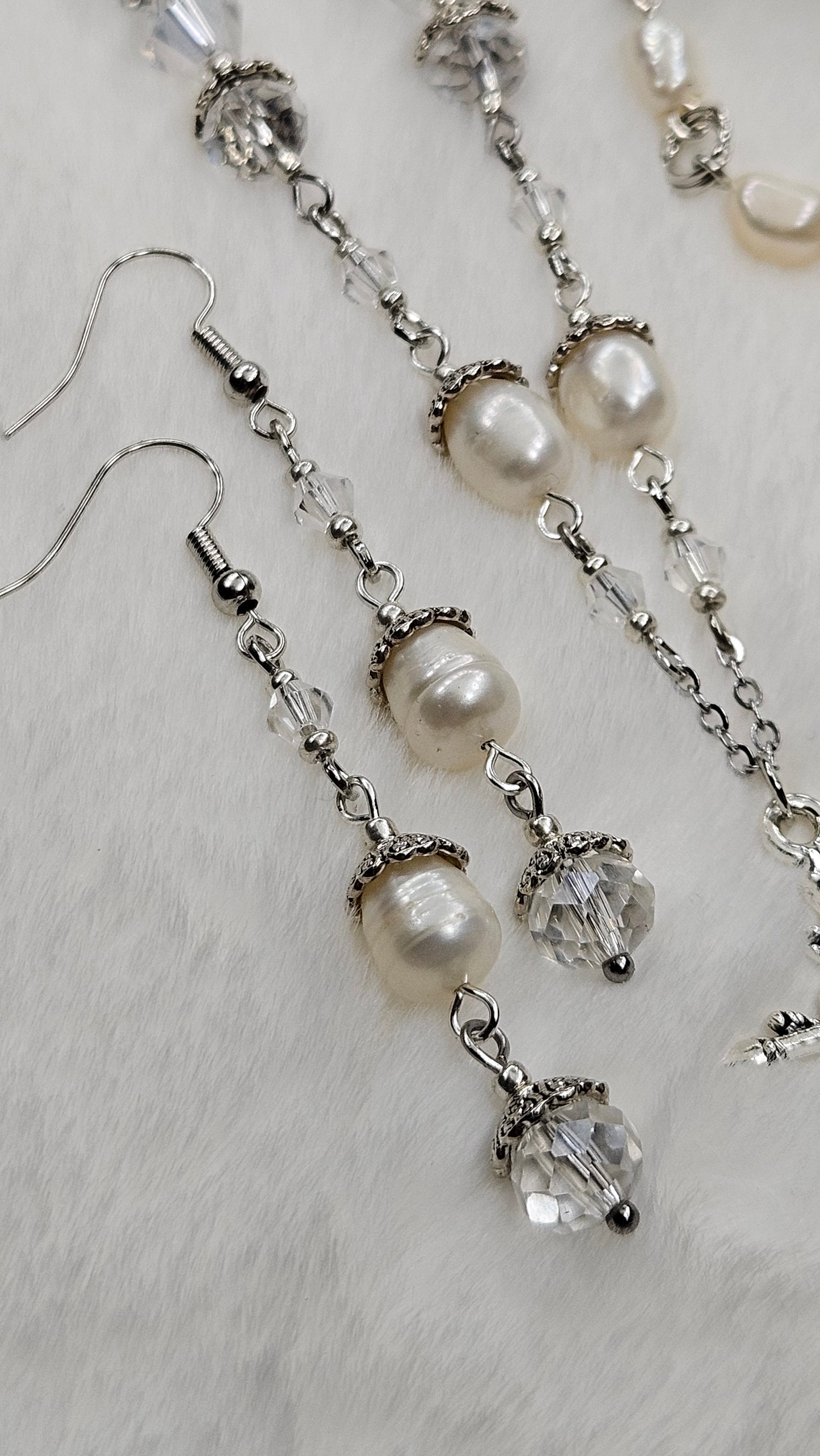 Silver Risen Rose Cross Set - Rose Cross Pendant Necklace with Crystal & Freshwater Pearls Earrings & Bracelet