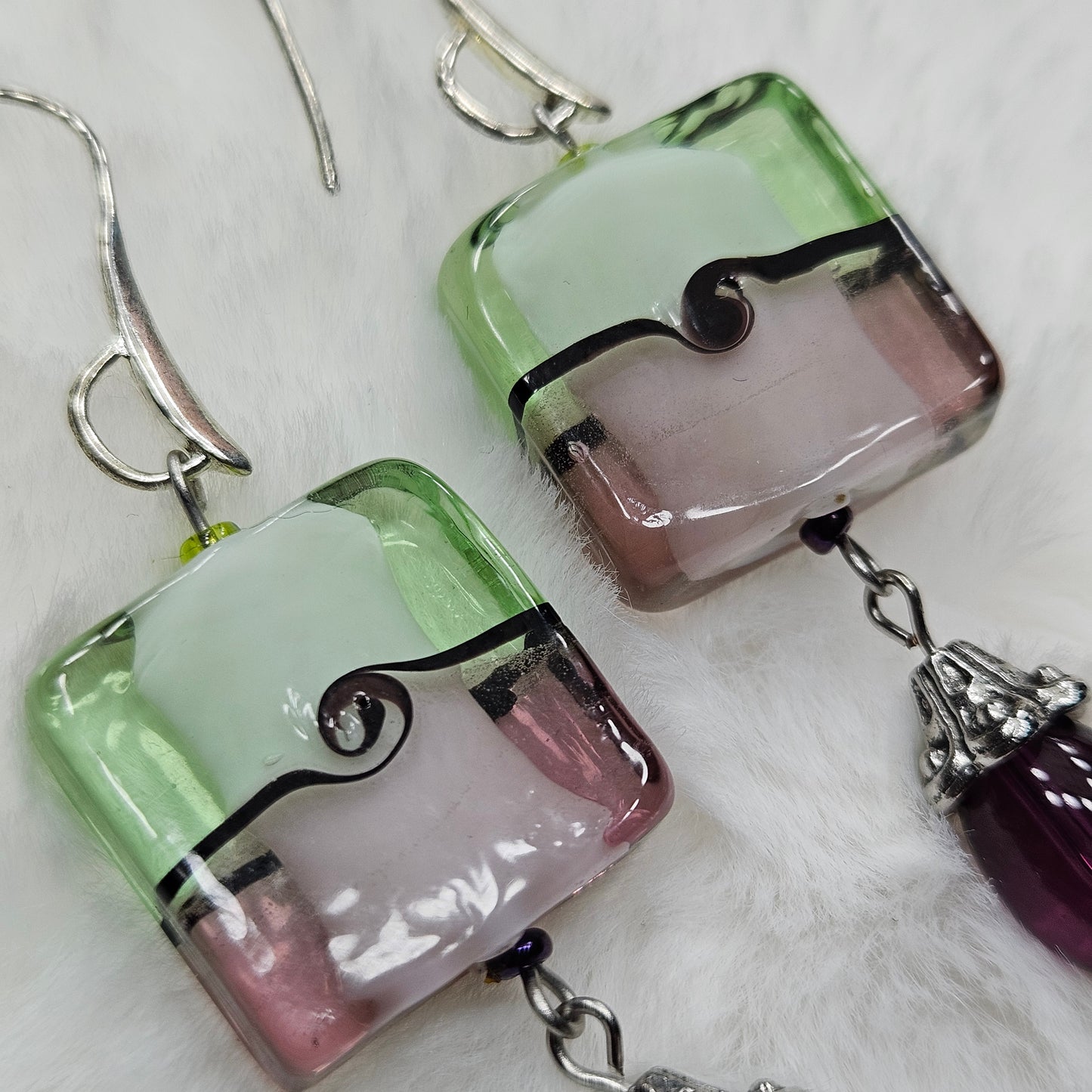 Fun and Funky Green and Purple Square Glass Pendant Necklace and Earrings Set on Silver - 28"/2¾"