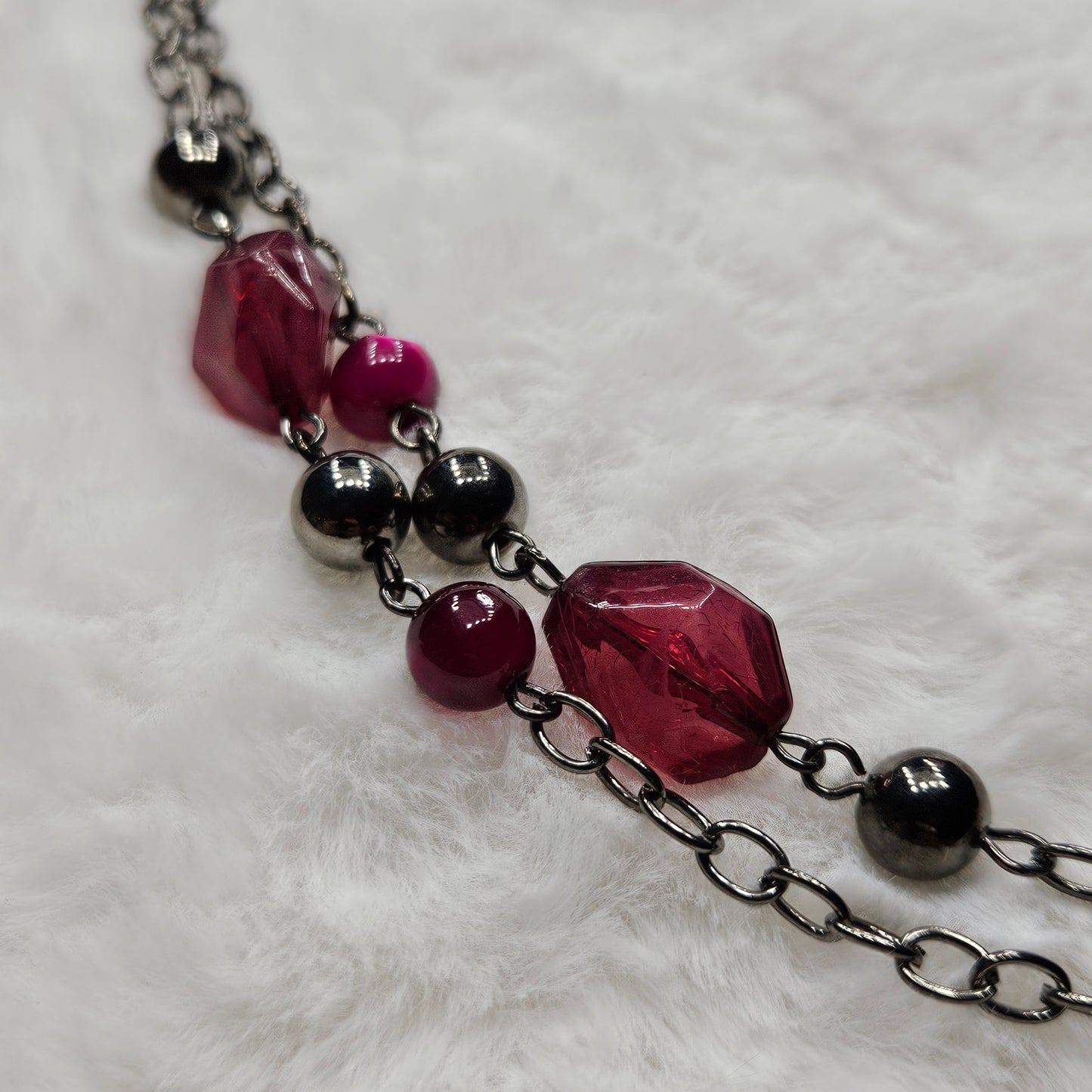 Long Gunmetal Black Chain and Dark Pink Beaded Necklace