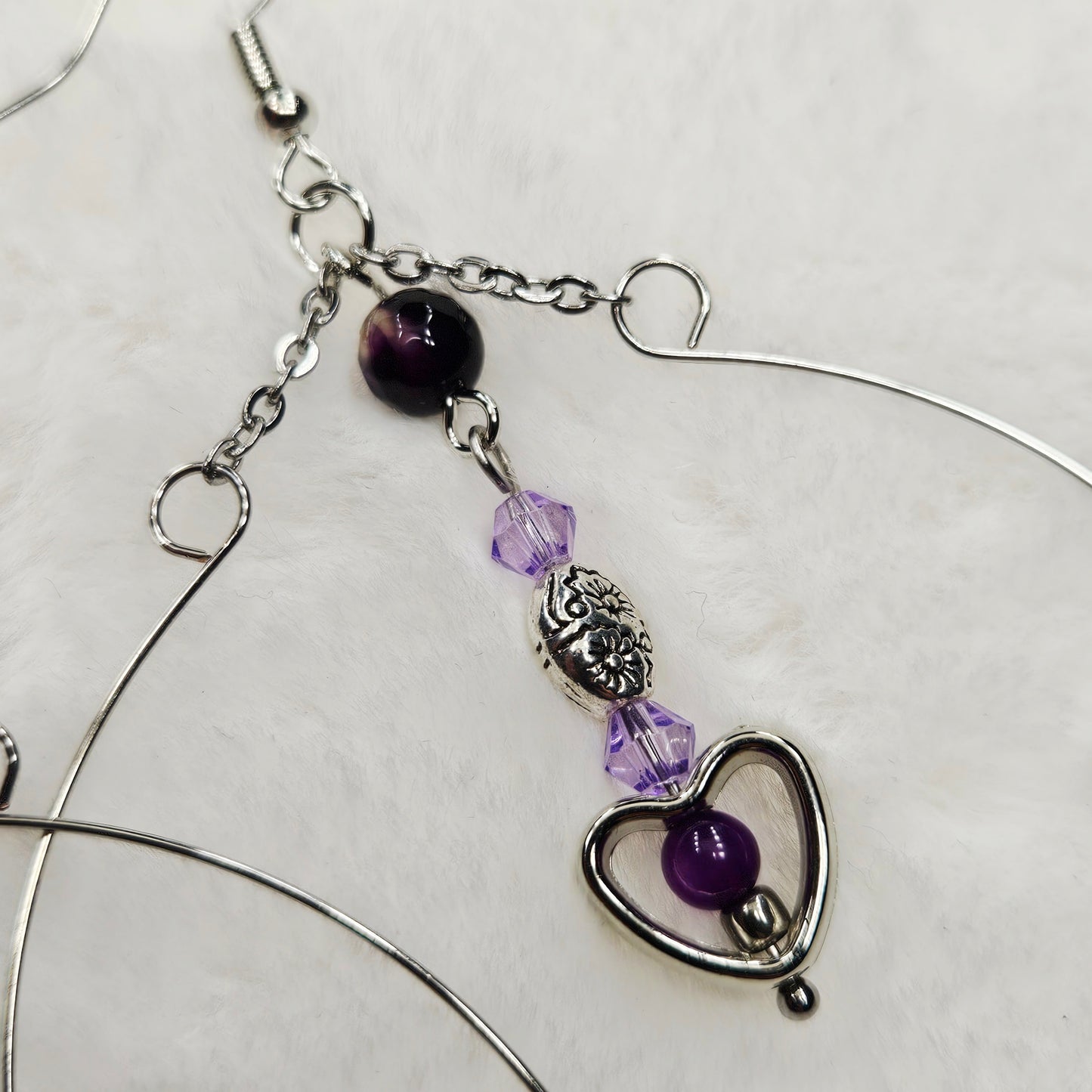 Large Silver Hoop Earrings with Tiny Purple Accents and Heart Dangles