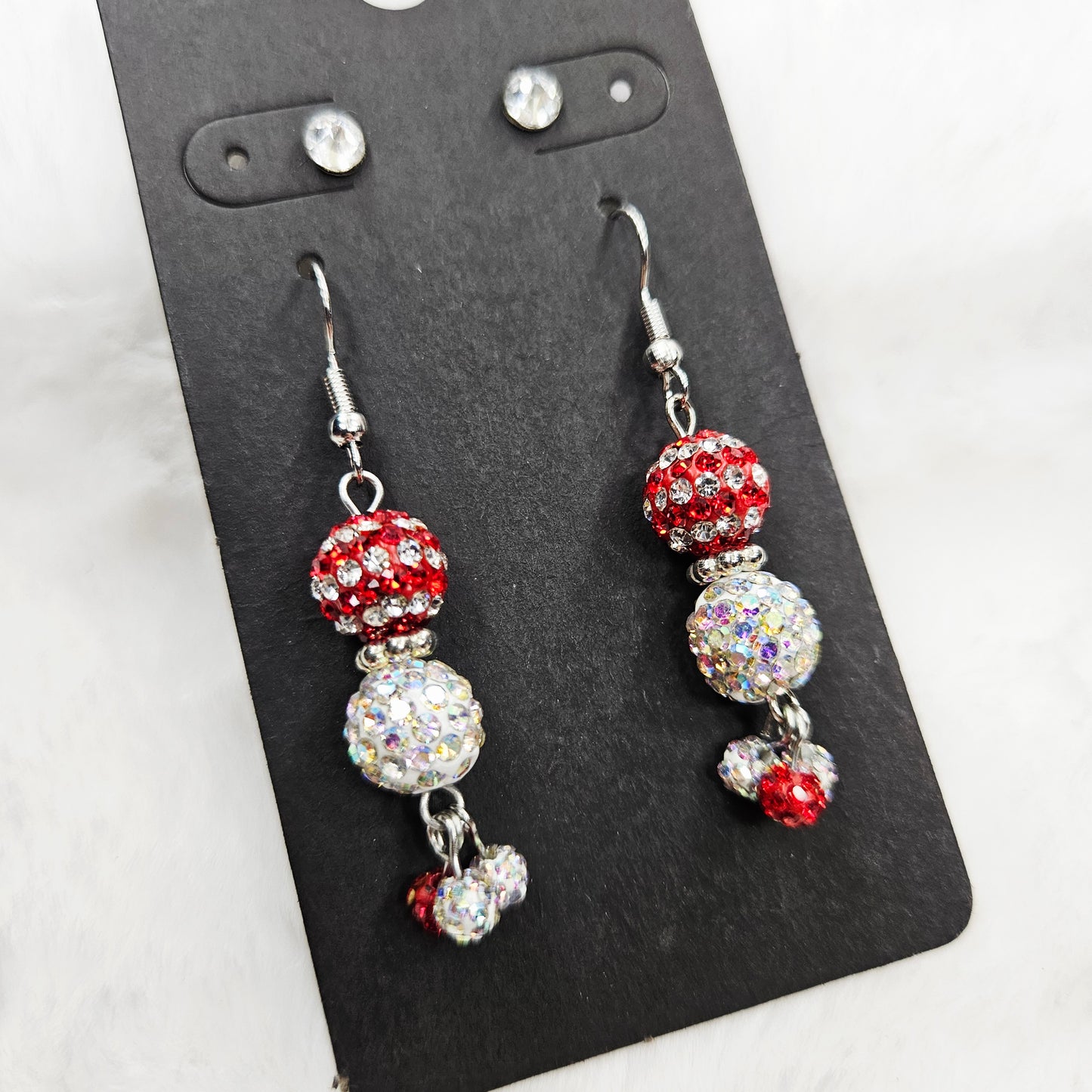 Super Sparkly Red and White Rhinestone Disco Ball Earrings with White or Red Studs
