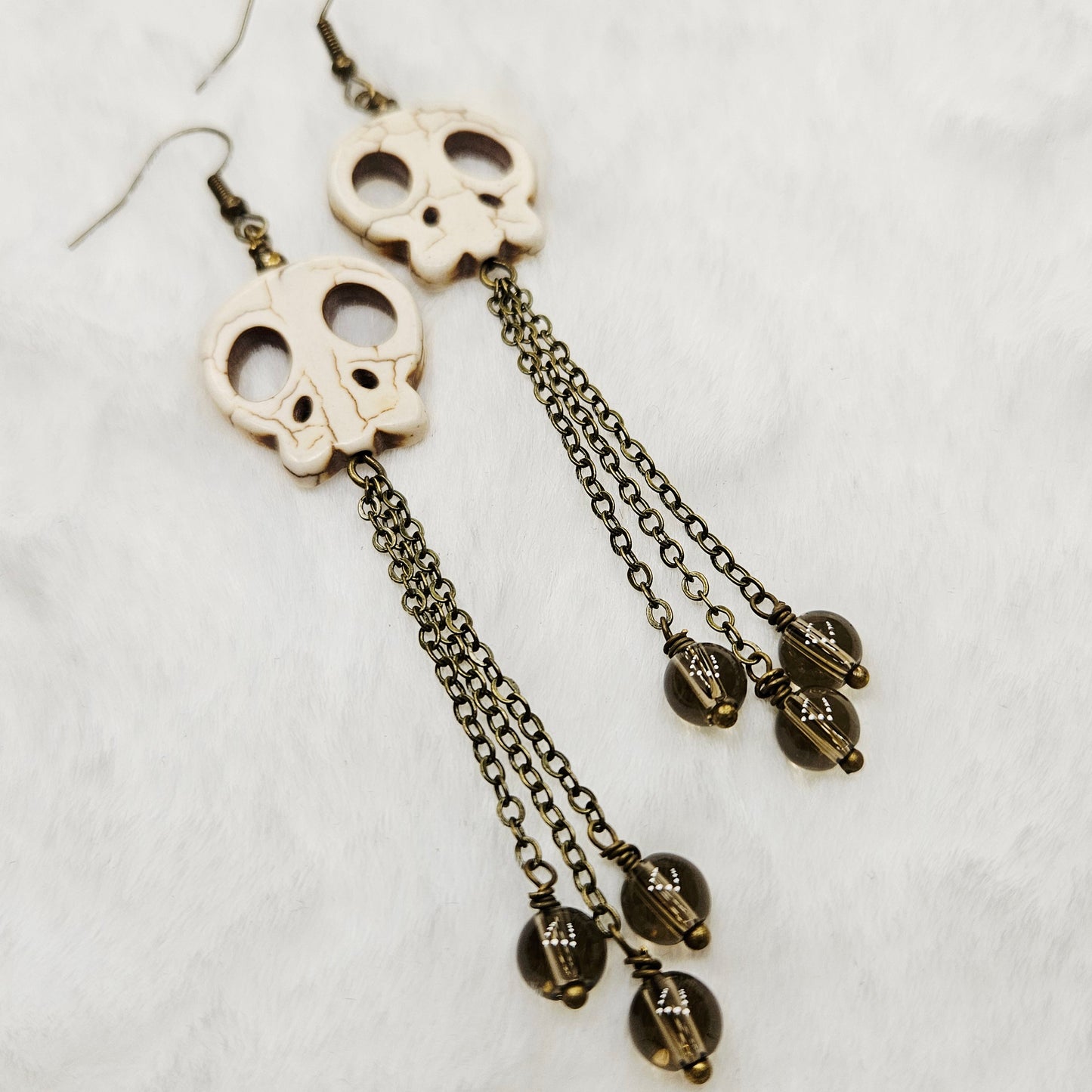 Long Howlite Skull and Chain Earrings with Smokey Brown Glass Dangles in Brass or Silver