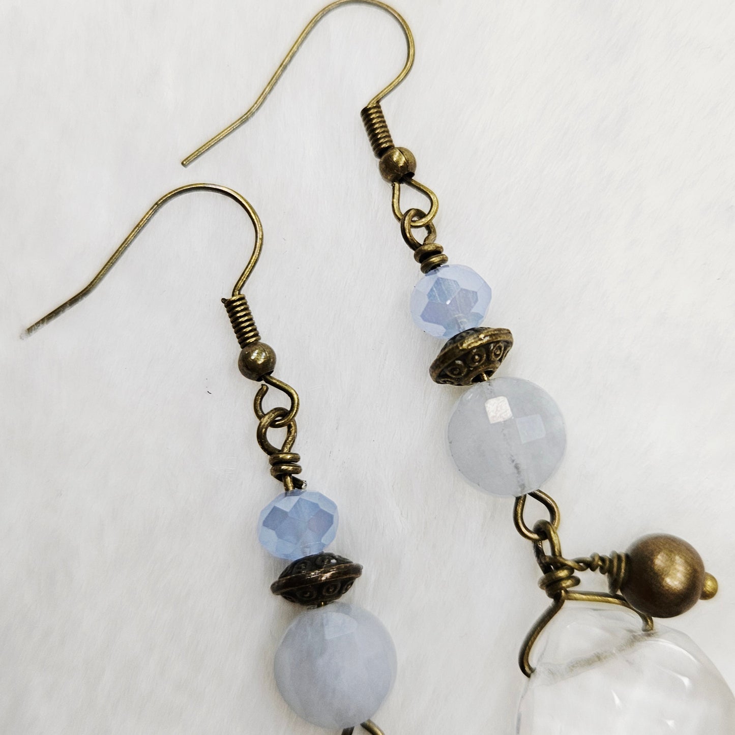 Antiqued Brass Baby Blue Natural Stone and Crystal Earrings with Gem Cut Glass and Brass Dangles