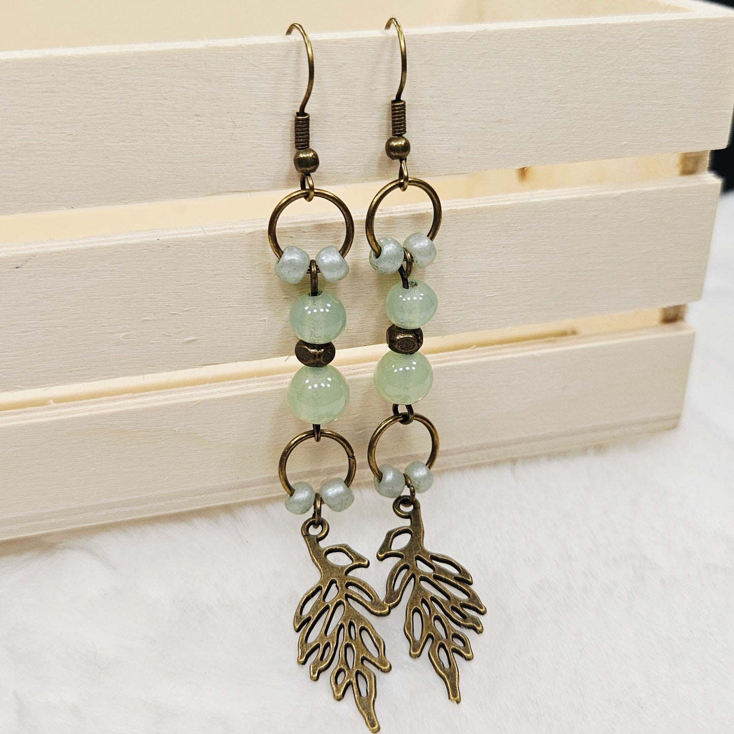 Long Brass Leaf and Pale Green Dangles