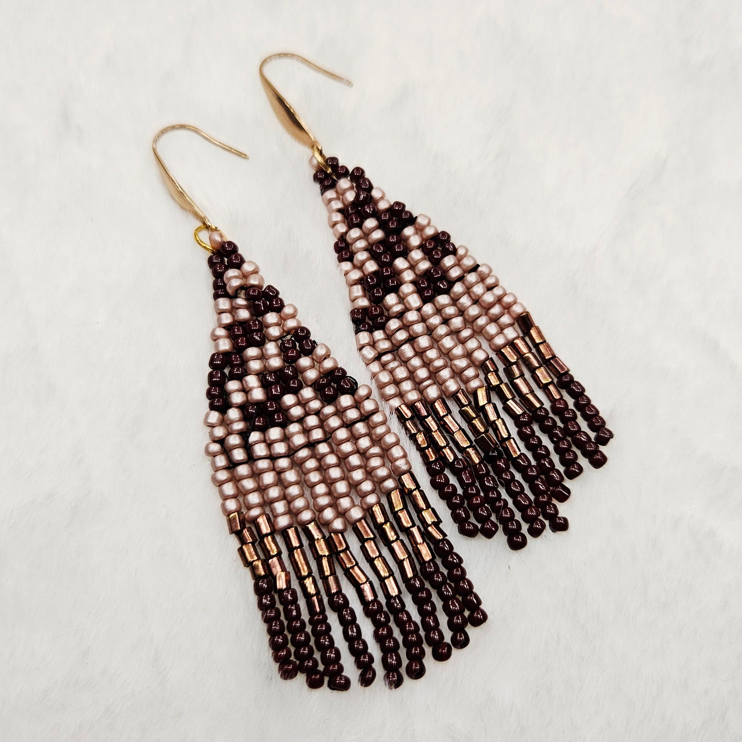 Beautiful Brown & Bronze Beaded Fringe Earrings