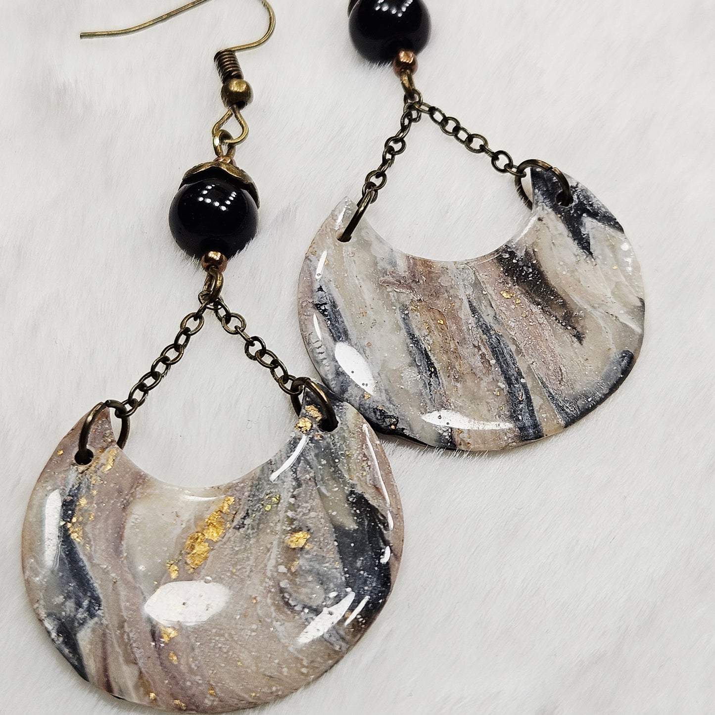 Black and Brown Gold Flake Marble Polymer Clay Crescent Earrings