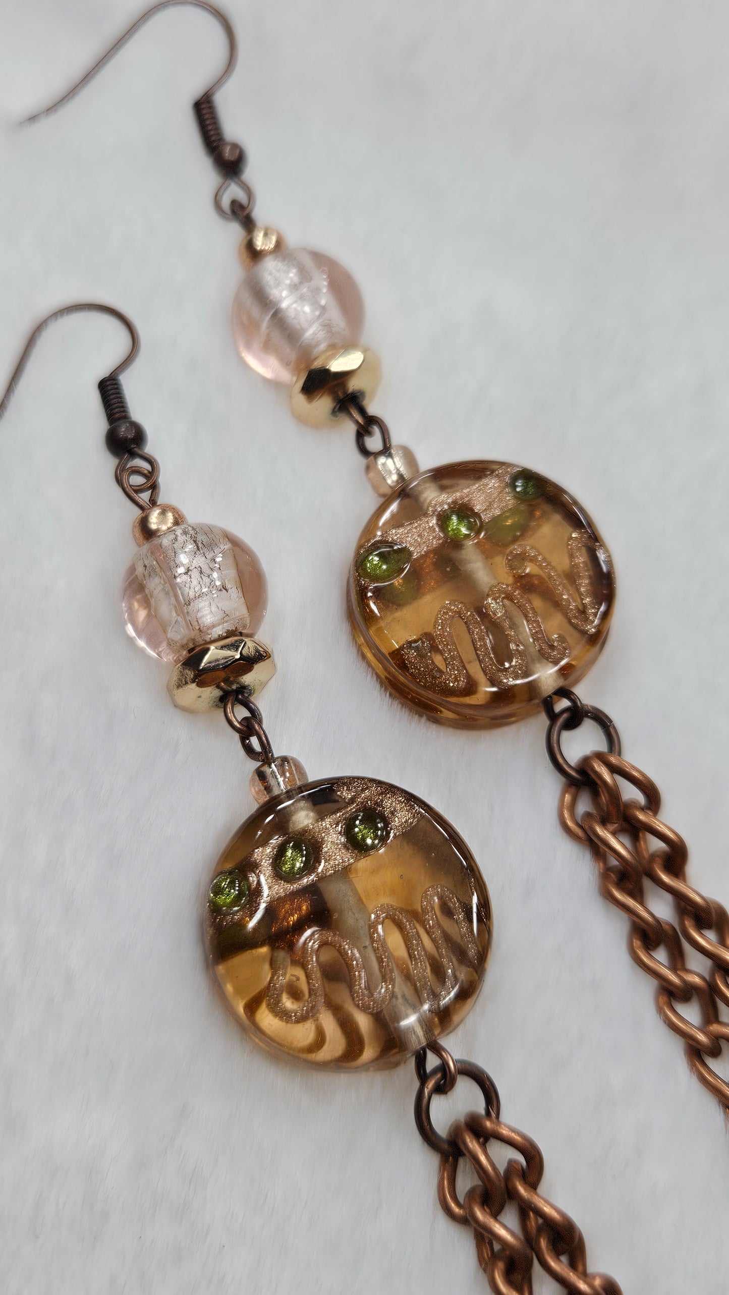 Long Antique Copper Chain Dangle Earrings with Decorated Glass