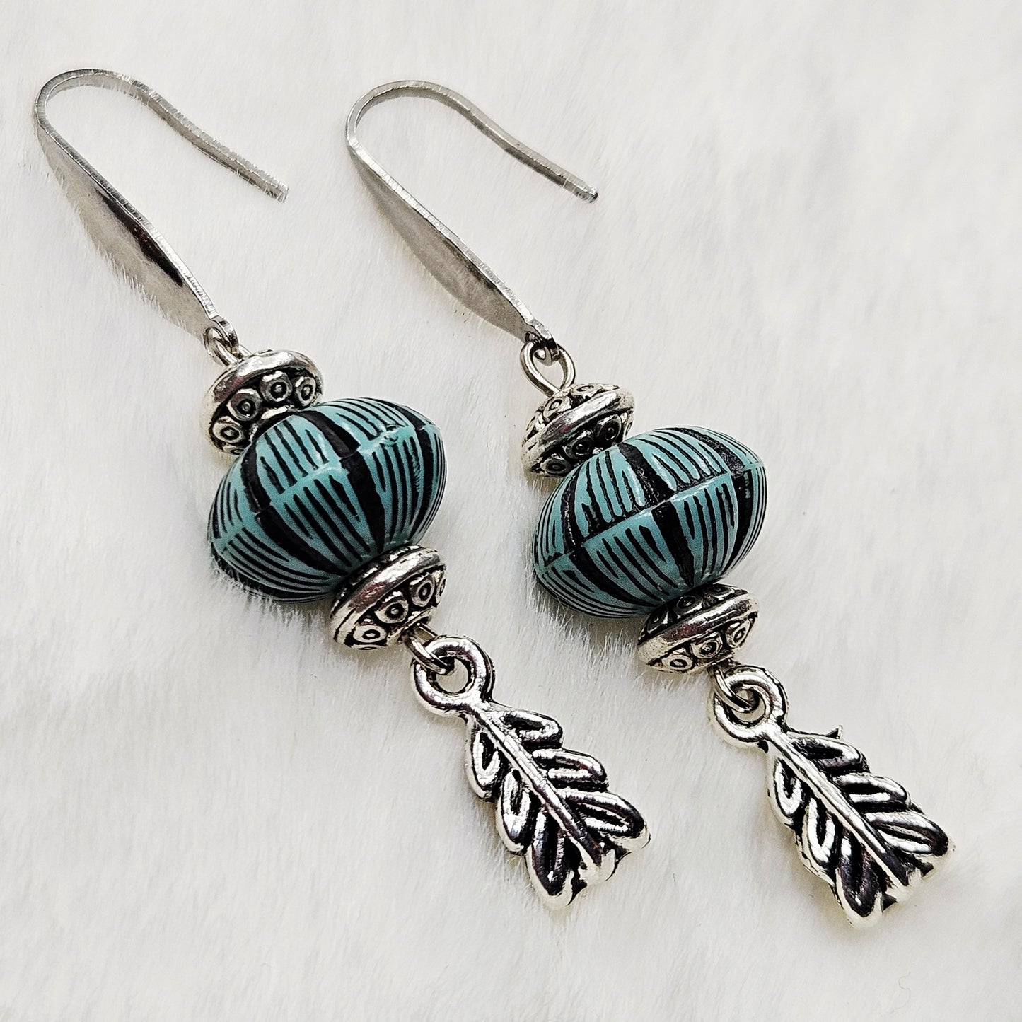 Western Style Vintage Turquoise Silver Dangle Earrings with Feather Charms - 2"