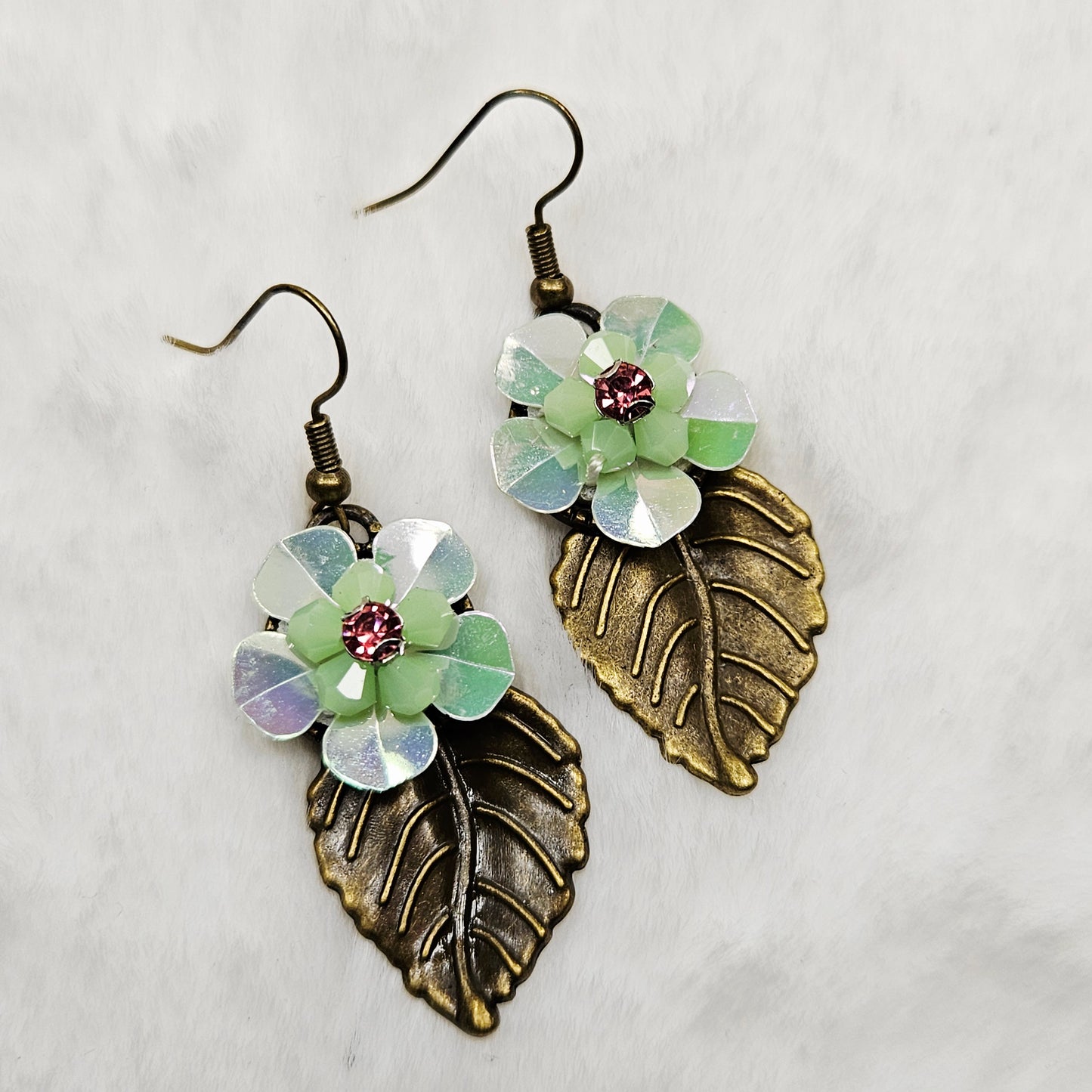 Brass Leaf Earrings with Light Green Iridescent Flowers