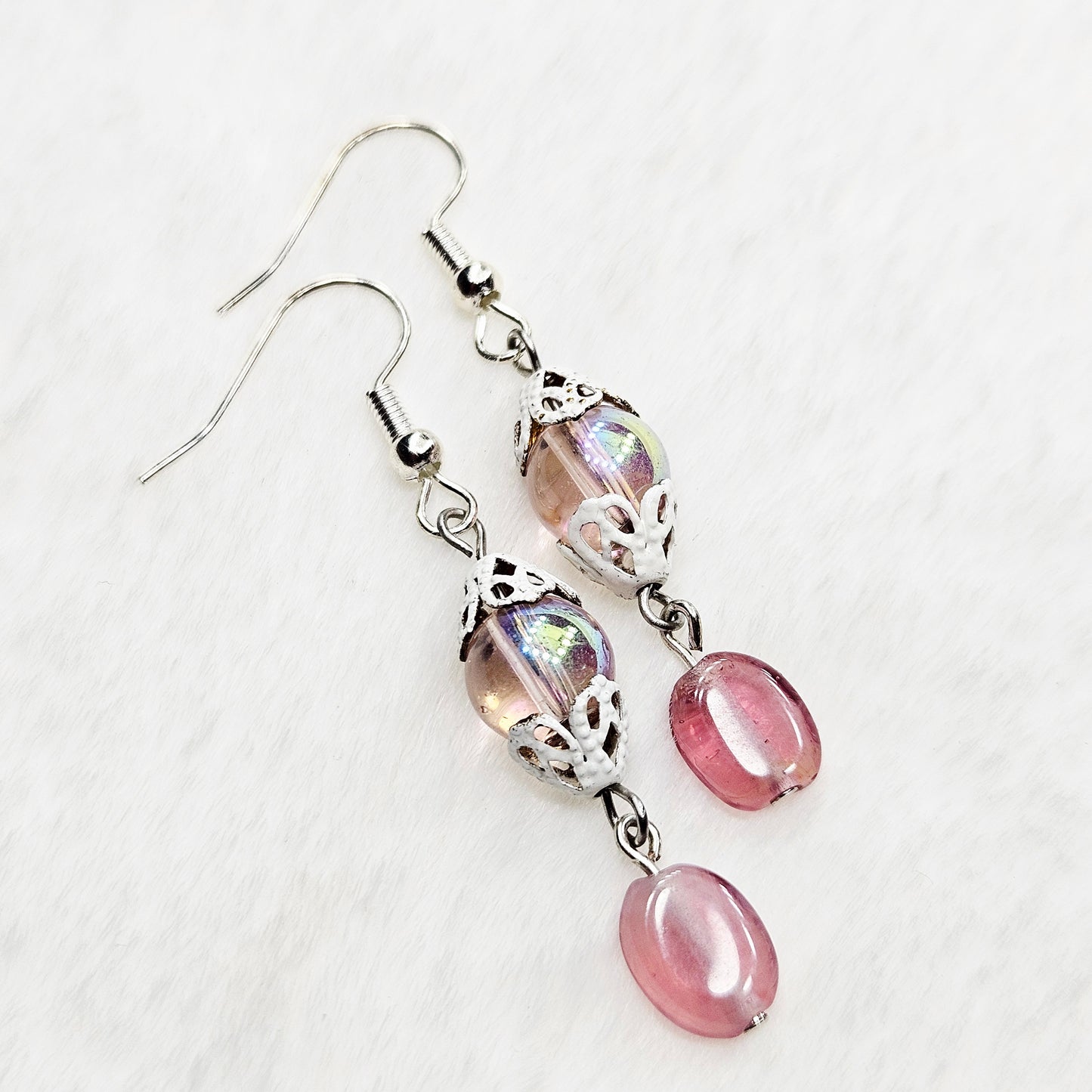Pretty Pink Iridescent Glass Dangle Earrings with White Filigree Bell Caps - 2"