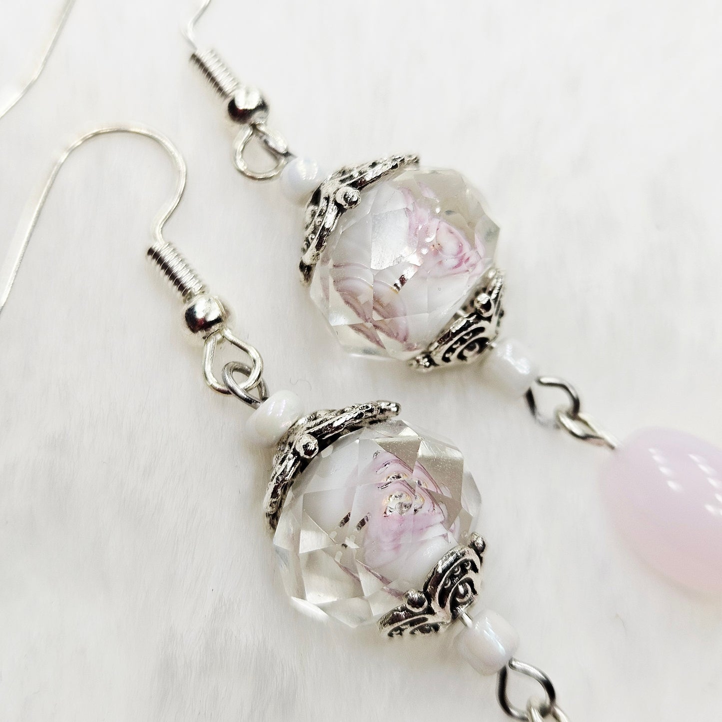 Hidden Flower Crystal Dangle Earrings with Light Pink Oval Glass and Silver Flower Caps - 2¼"