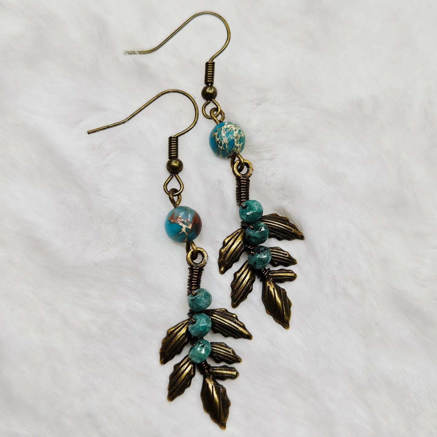 Blue Dalmation Jasper and Imperial Jasper Antiqued Brass Branch Dangles